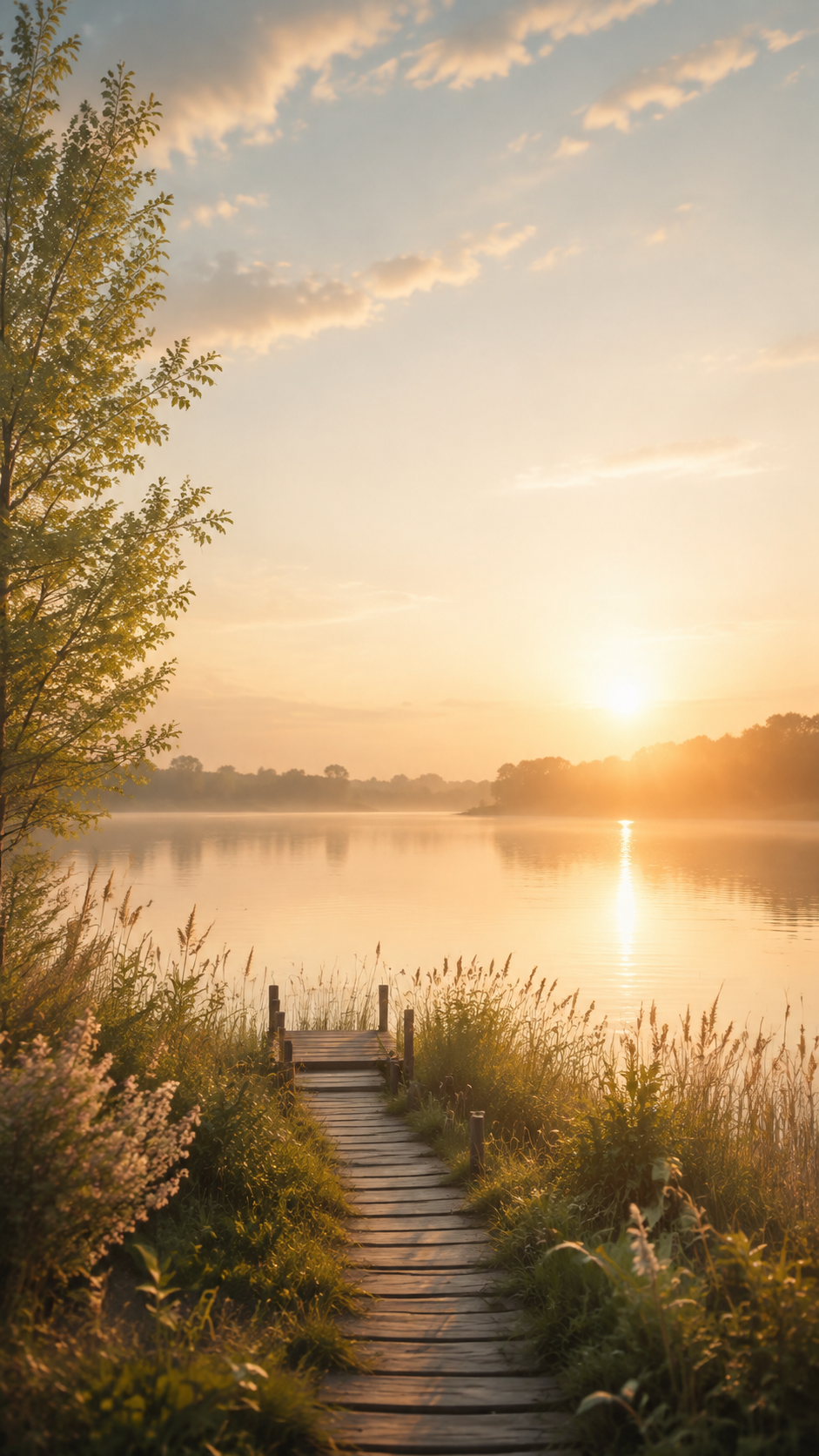 Ein Holzsteg führt zu einem ruhigen Fluss bei Sonnenaufgang, umgeben von Gräsern und Bäumen, mit einem Himmel voller Wolken und sanften Licht