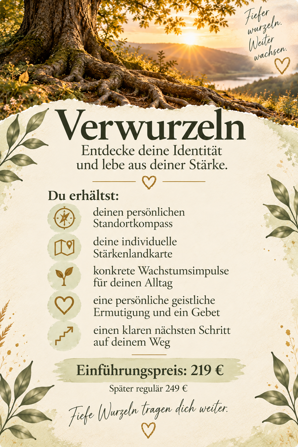 Postkarte zum Angebot „Verwurzeln“ mit einem großen, tief verwurzelten Baum vor einer ruhigen Seen- und Berglandschaft. Die Karte beschreibt die persönliche Vertiefung des Herzensweges.