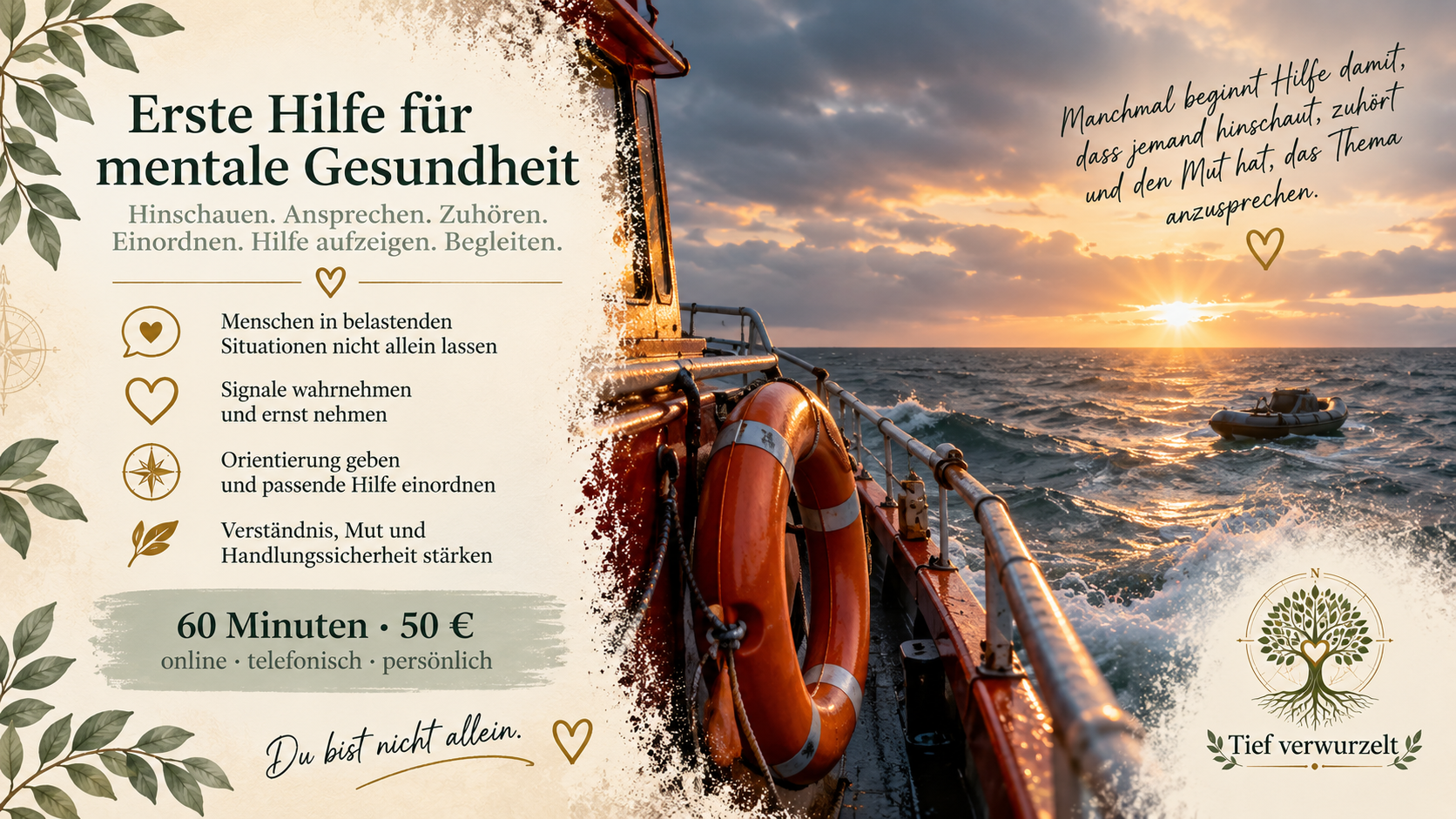 Postkarte zur Ersten Hilfe für mentale Gesundheit mit Blick von einem Rettungsboot auf das raue Meer, Rettungsring und einem kleinen Boot auf dem Wasser. Die Karte beschreibt Orientierung und Begleitung in seelisch belastenden Situationen.