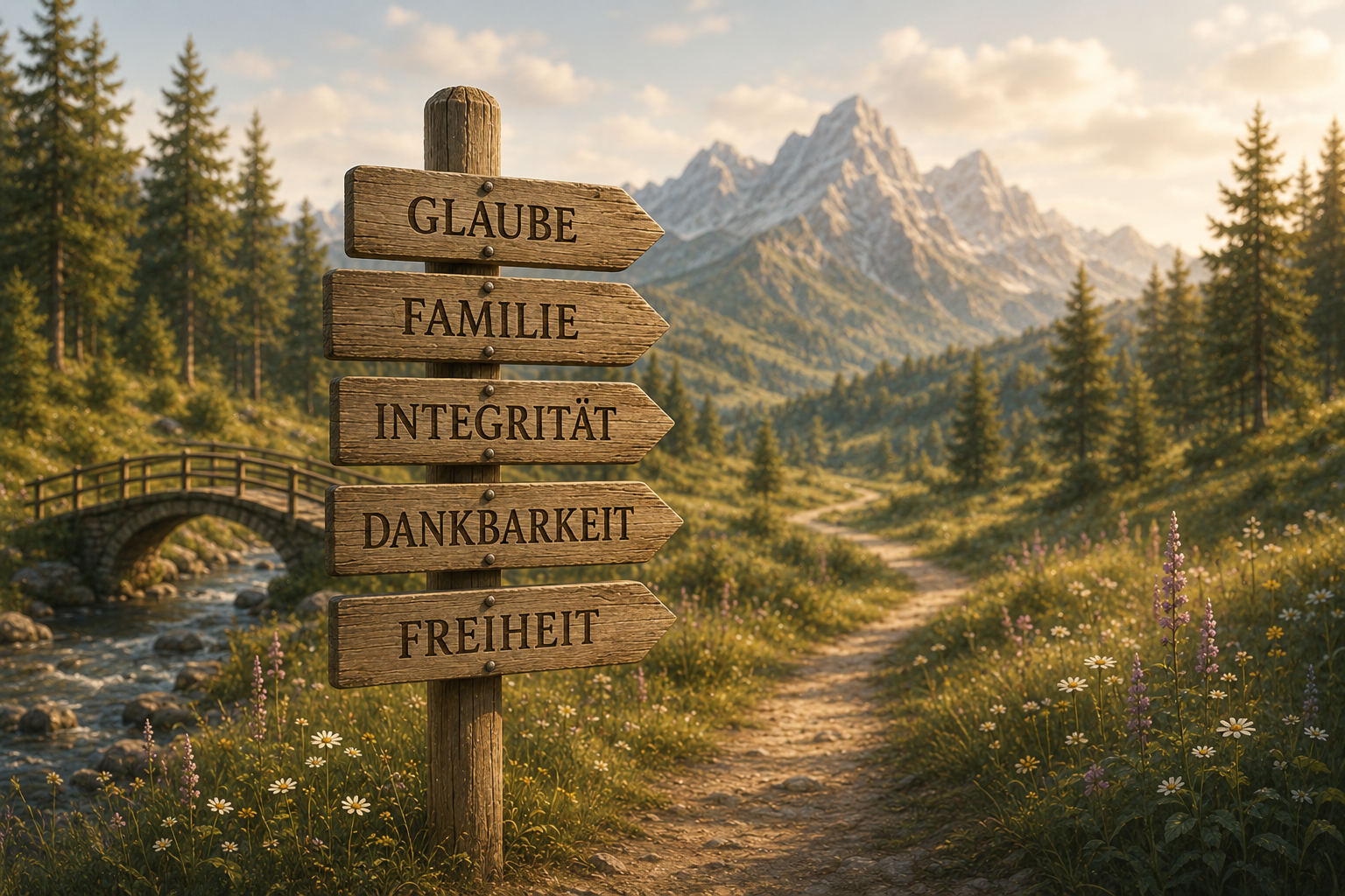 Sechste Herzenslandschaft „Werte & Prioritäten“ mit einem Wegweiser mit den Begriffen Glaube, Familie, Integrität, Dankbarkeit und Freiheit vor einer Berglandschaft.