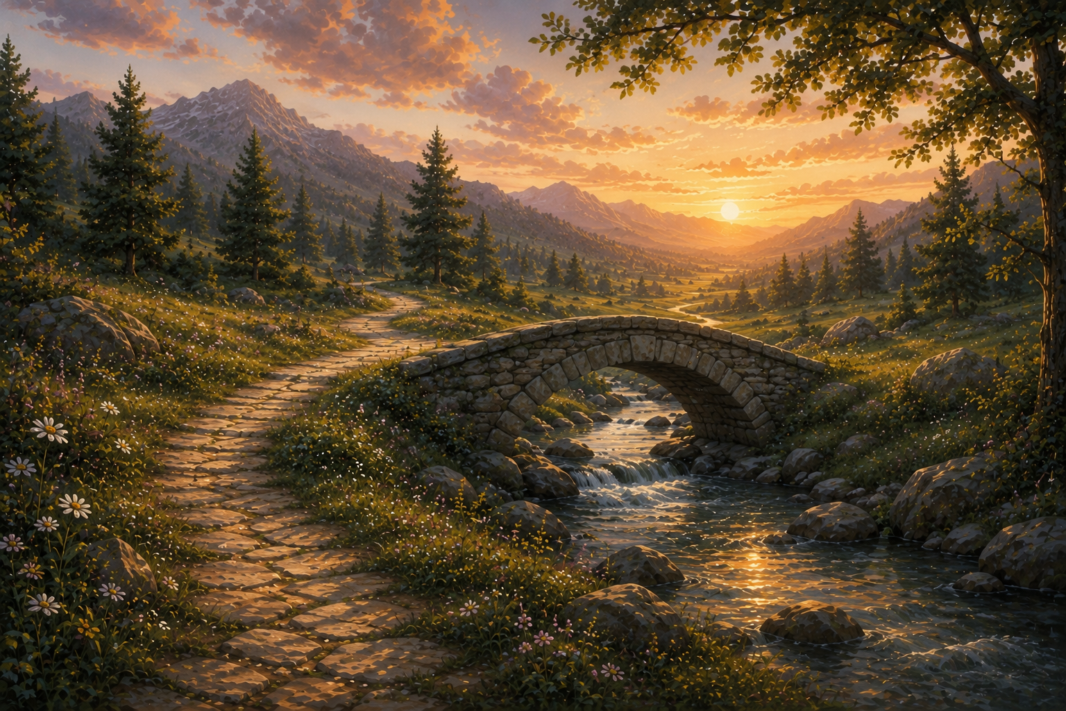 Fünfte Herzenslandschaft „Kommunikation & Konflikte“ mit einer steinernen Brücke über einen Bach in einer Berglandschaft.