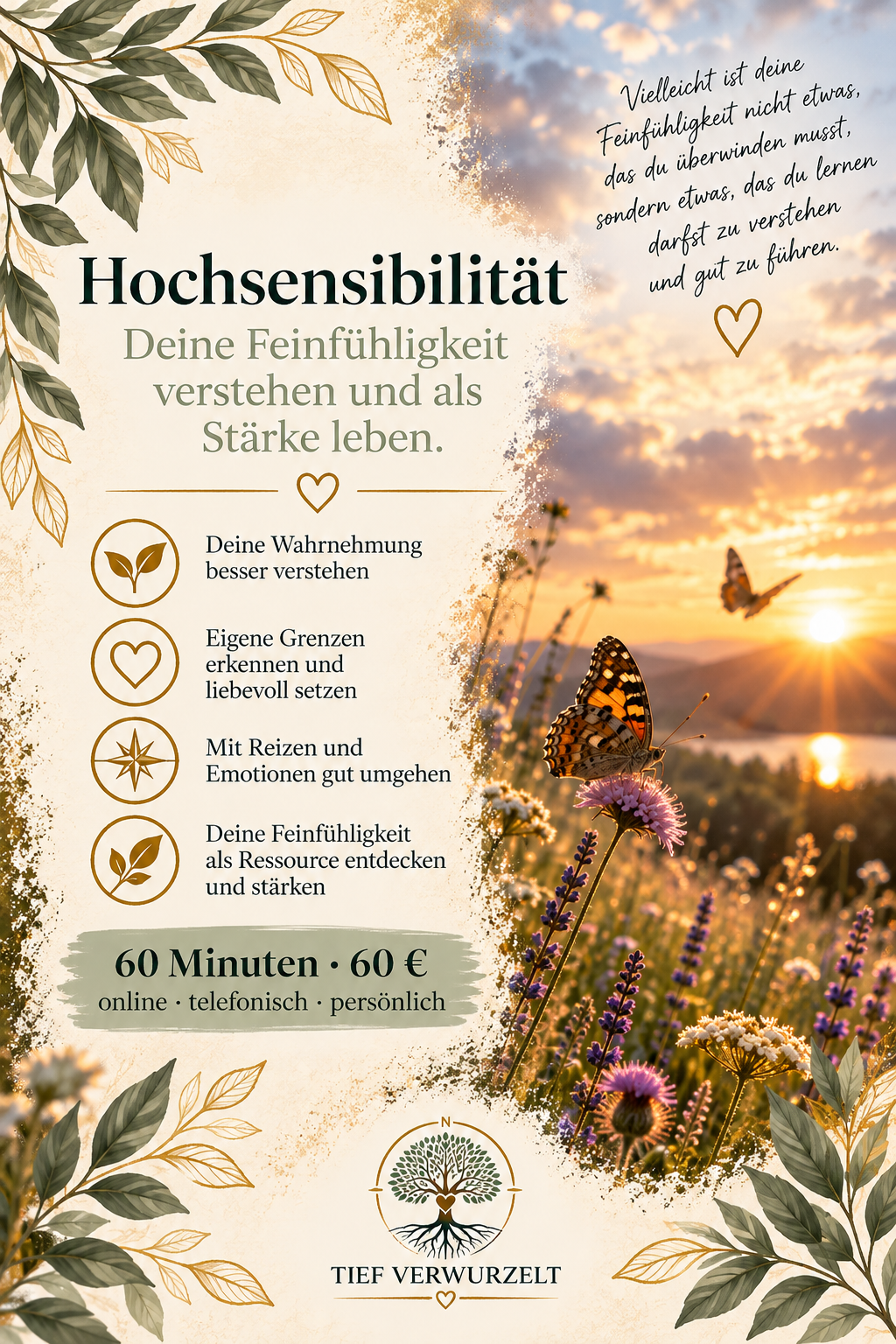 Postkarte zur Hochsensibilität mit Schmetterlingen in einer Wildblumenwiese, See und warmem Sonnenuntergang. Die Karte beschreibt Feinfühligkeit, Grenzen und den Umgang mit intensiver Wahrnehmung.