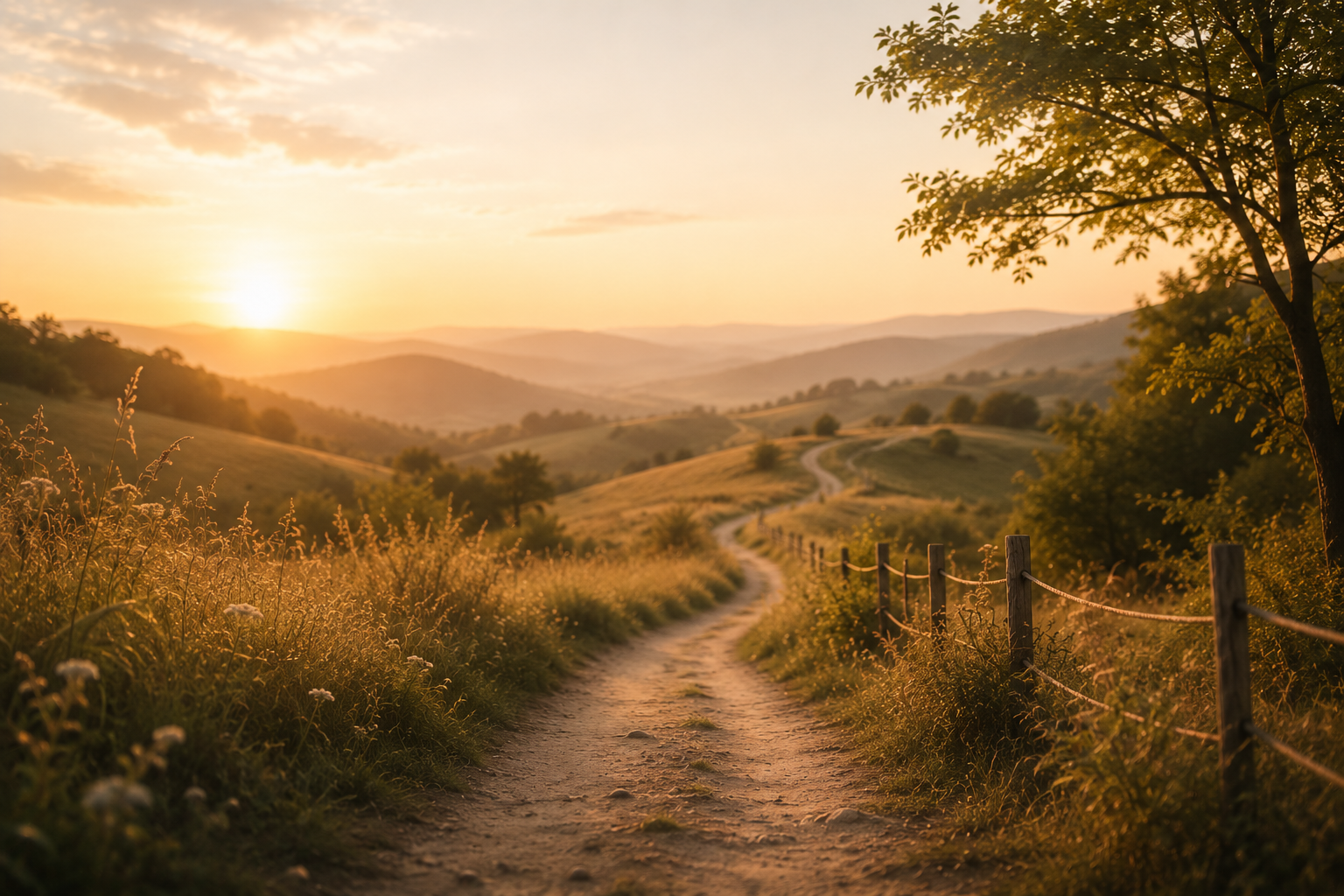 Spazierweg durch Wiesen beim Sonnenuntergang