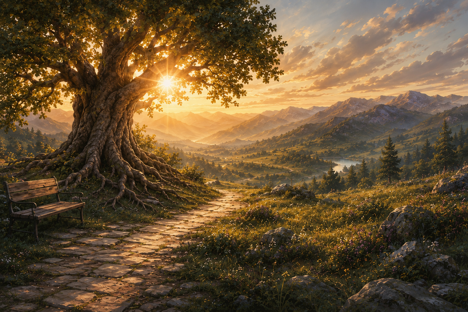 Erste Herzenslandschaft „Identität in Christus“ mit einem großen, tief verwurzelten Baum an einem Weg vor einer weiten Berglandschaft im warmen Abendlicht.