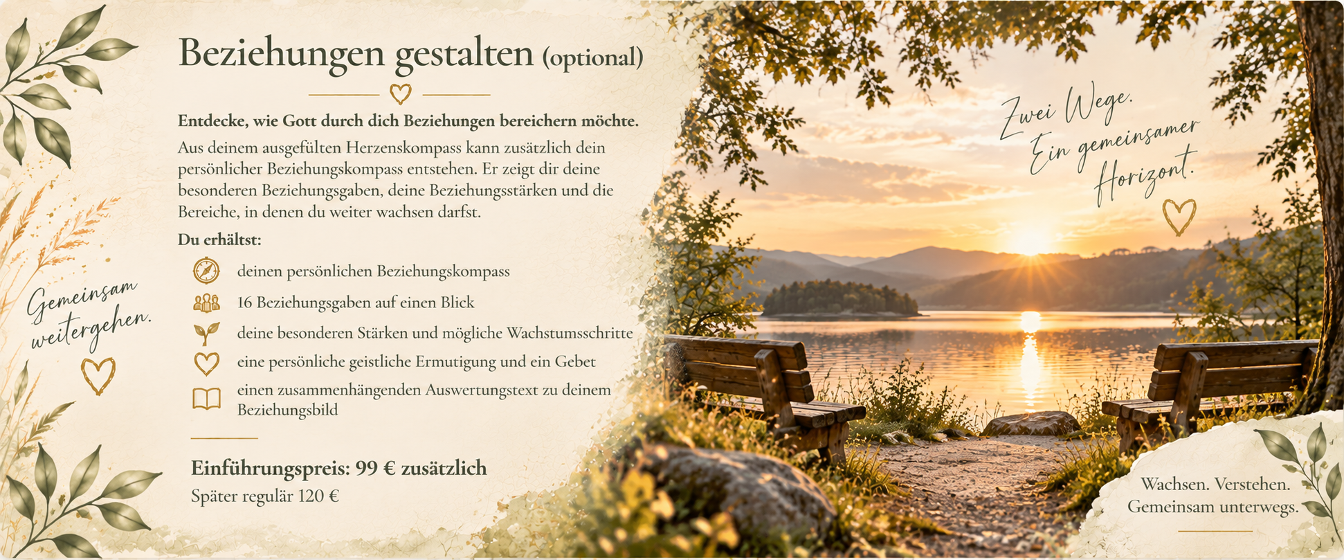 Postkarte zum Angebot „Beziehungen gestalten“ mit zwei Bänken an einem See im warmen Abendlicht. Die Karte informiert über den persönlichen Beziehungskompass und die Beziehungsgaben.
