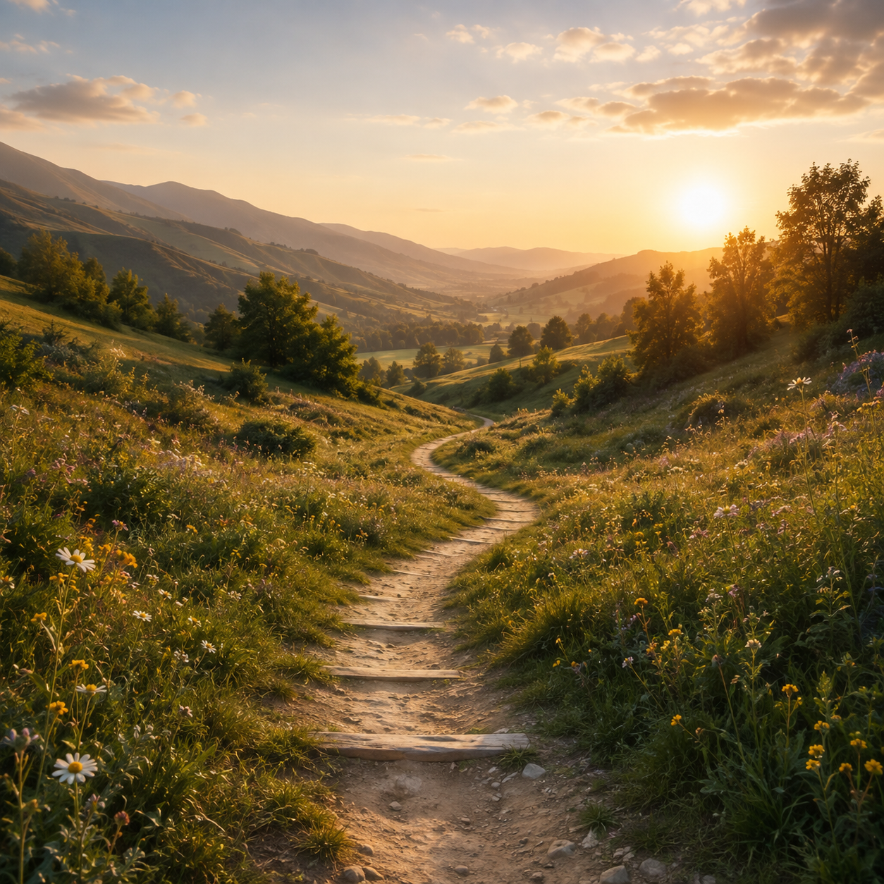 Naturweg durch Bergige Landschaft mit Wiesenblumen