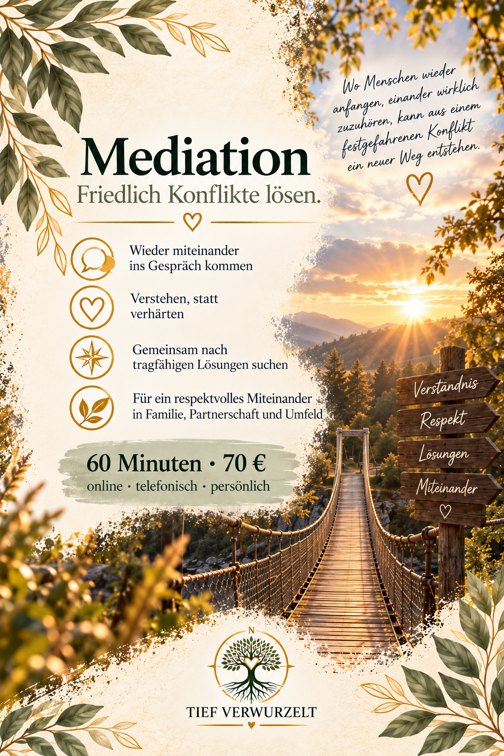 Postkarte zur Mediation mit einer Hängebrücke in einer warmen Berg- und Waldlandschaft und einem Wegweiser mit den Worten Verständnis, Respekt, Lösungen und Miteinander.