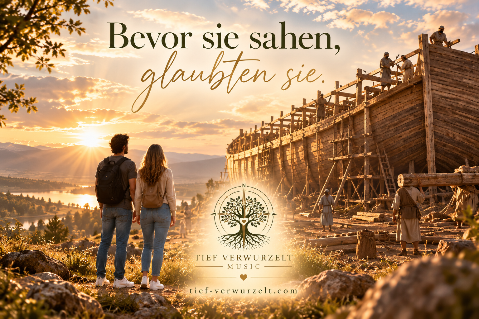Cover des Songs „Bevor sie sahen, glaubten sie“ von Tief verwurzelt Music mit einem Paar vor einem großen Holzschiff im warmen Abendlicht.