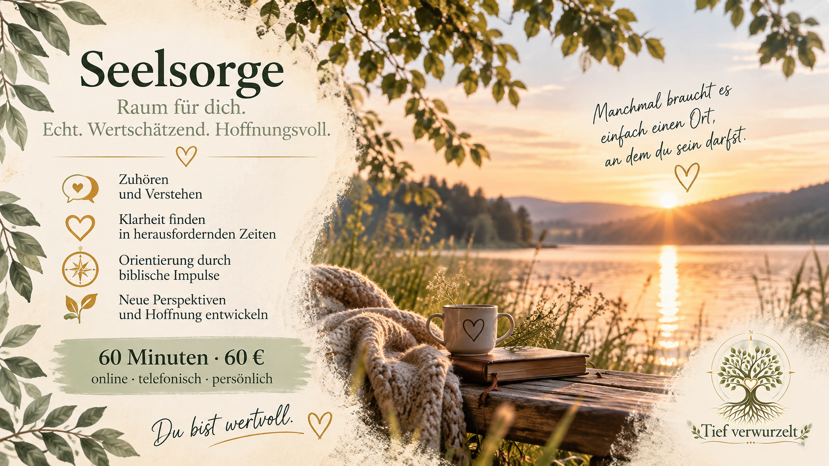 Postkarte zur Seelsorge mit einer warmen Seenlandschaft bei Sonnenuntergang, Baumzweigen, Tasse und Decke. Die Karte beschreibt die persönliche seelsorgliche Begleitung.