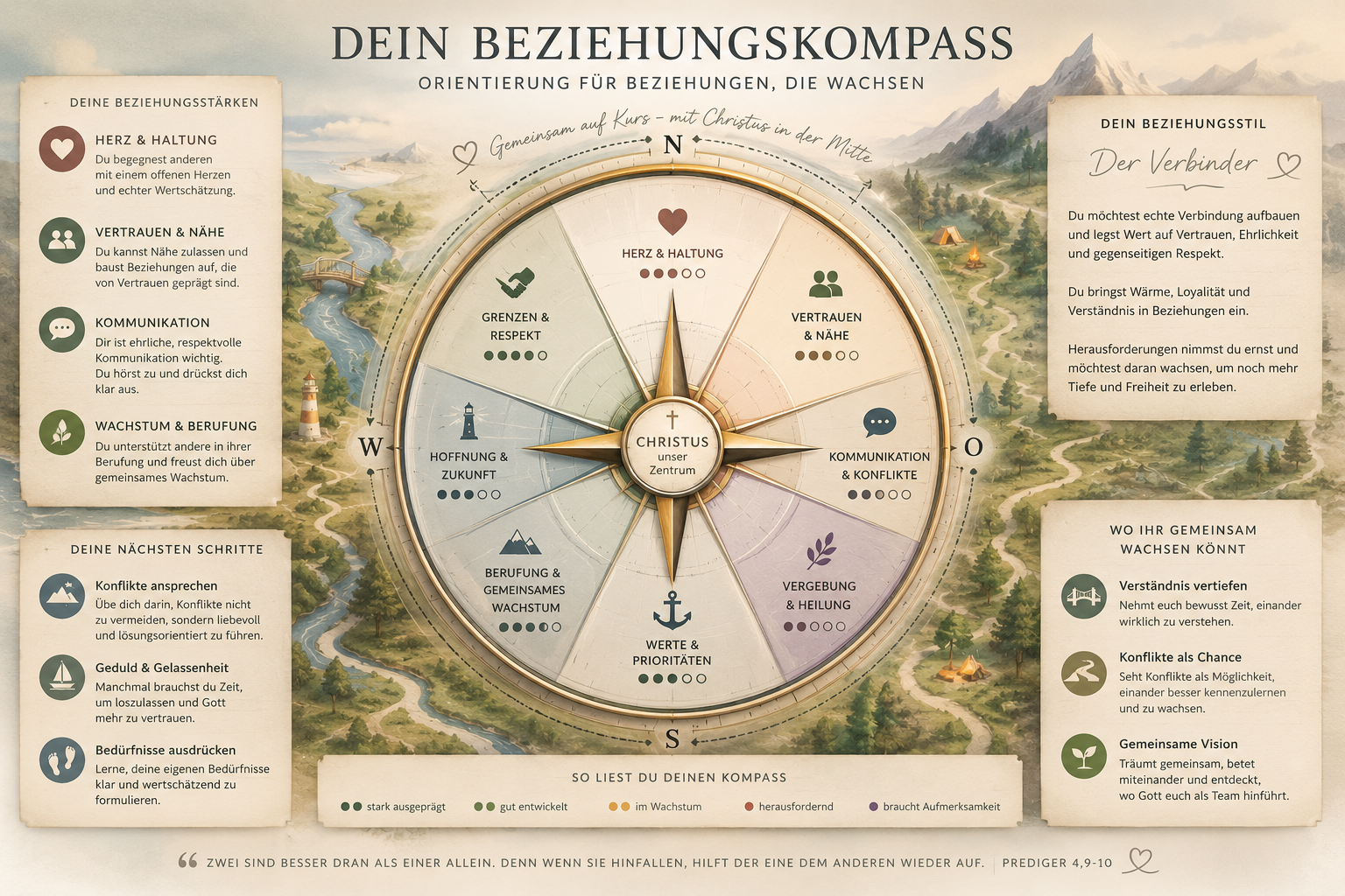 Beziehungskompass zur Orientierung für Beziehungen mit Christus im Zentrum, mit Beziehungsstärken, Beziehungsstil, nächsten Schritten und gemeinsamen Wachstumsfeldern.
