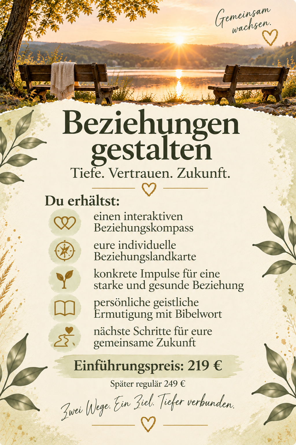 Postkarte zum Angebot „Beziehungen gestalten“ mit zwei Bänken an einem See im warmen Abendlicht. Die Karte informiert über den persönlichen Beziehungskompass und die Beziehungsgaben.