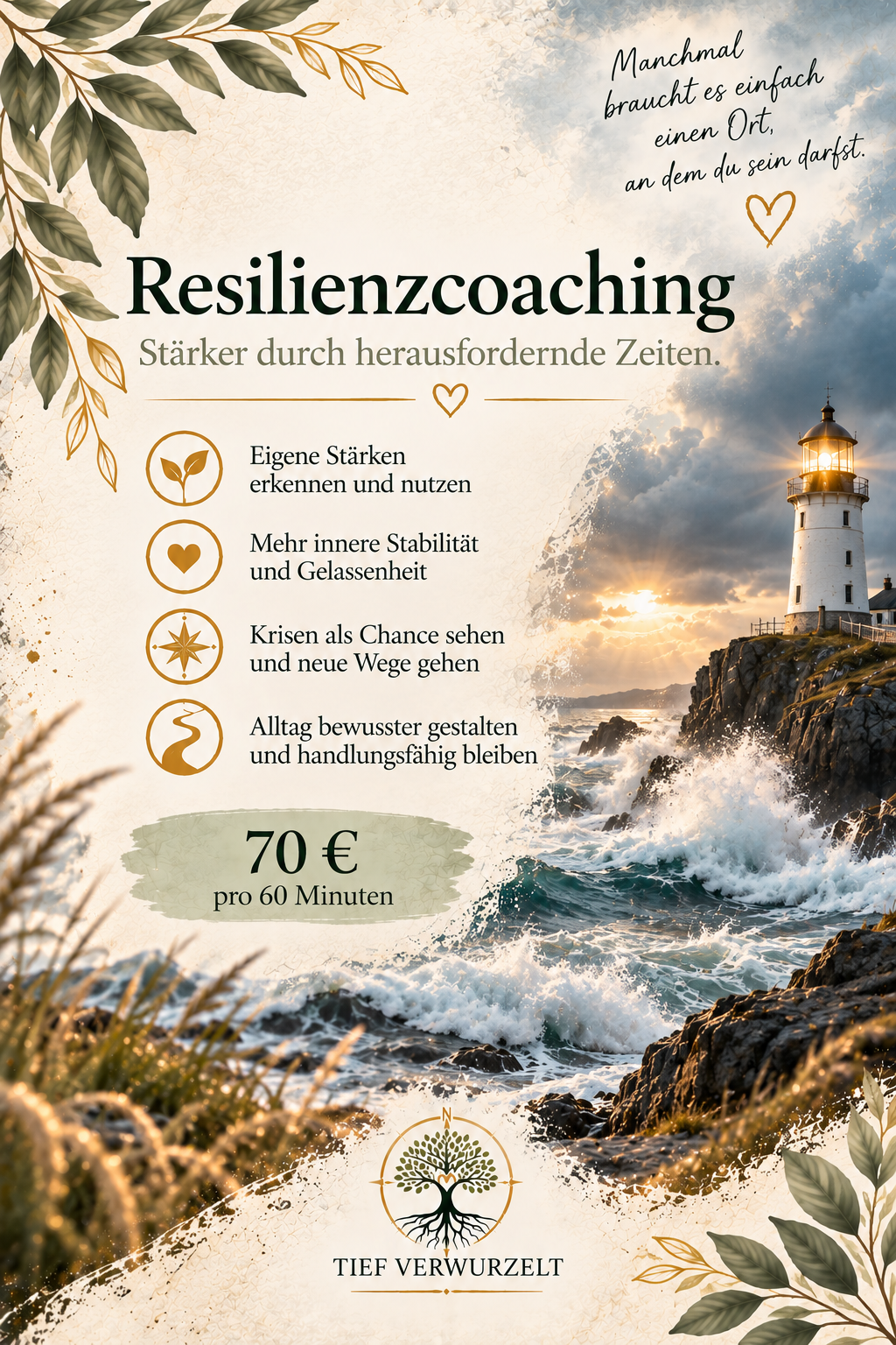 Postkarte zum Resilienzcoaching mit stürmischem Meer und einem Leuchtturm. Die Karte beschreibt Wege zu innerer Stärke, eigenen Ressourcen und gesunden Grenzen.