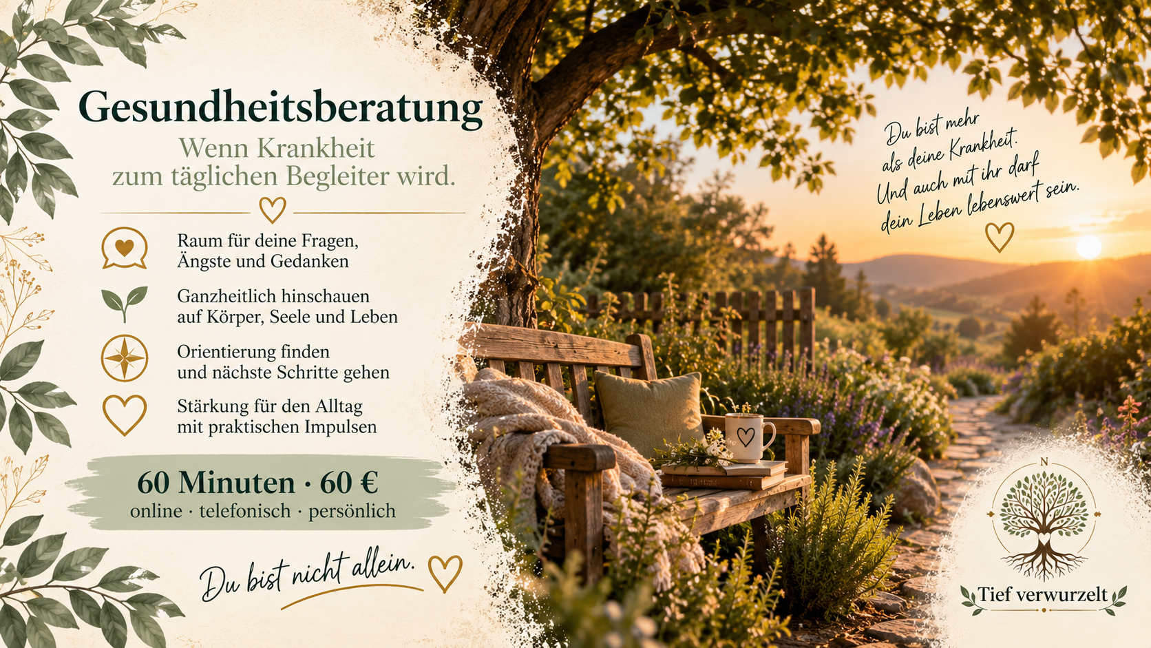 Postkarte zur Gesundheitsberatung mit einer gemütlichen Bank unter einem großen Baum in einem Garten, Decke, Tasse und Büchern. Die Karte beschreibt Begleitung und Orientierung im Leben mit chronischer Krankheit.