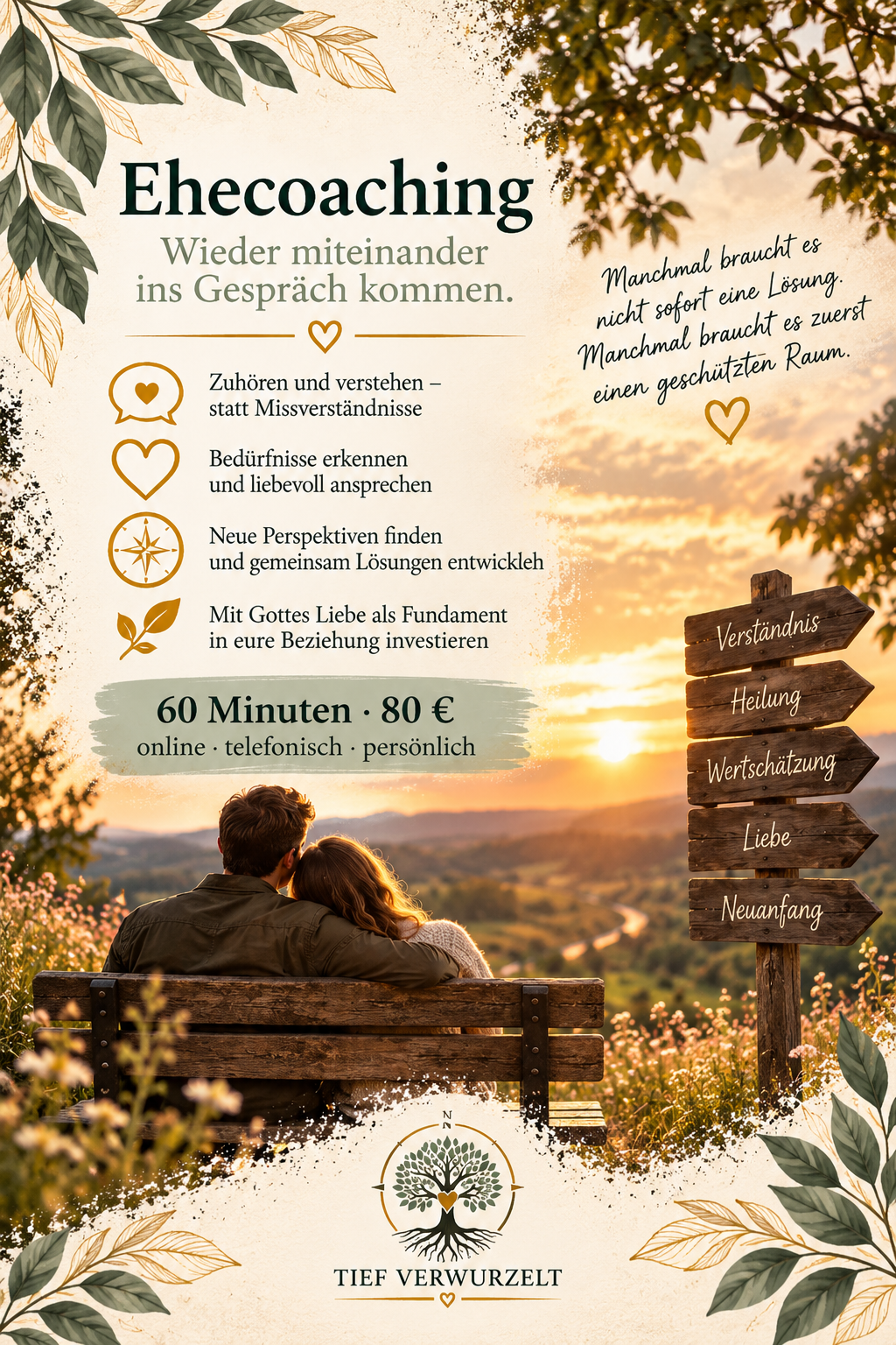 Postkarte zum Ehecoaching mit einem Paar auf einer Bank in einer warmen Landschaft bei Sonnenuntergang und einem Wegweiser mit den Worten Verständnis, Heilung, Wertschätzung, Liebe und Neuanfang.
