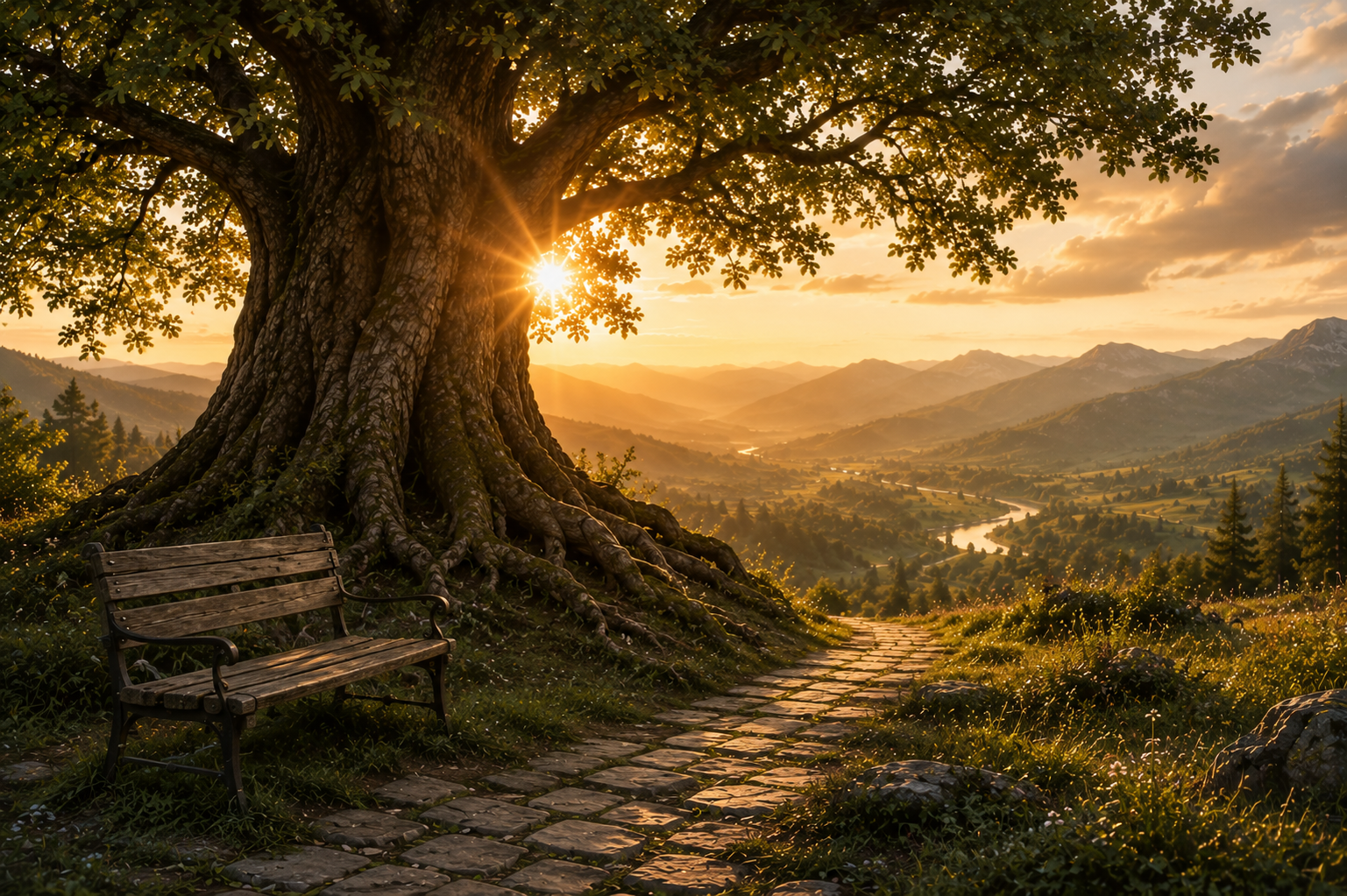Ein alter Baum mit dicken Wurzeln an einem Sonnenuntergang in einer bergigen Landschaft mit Fluss, umgeben von Wäldern.
