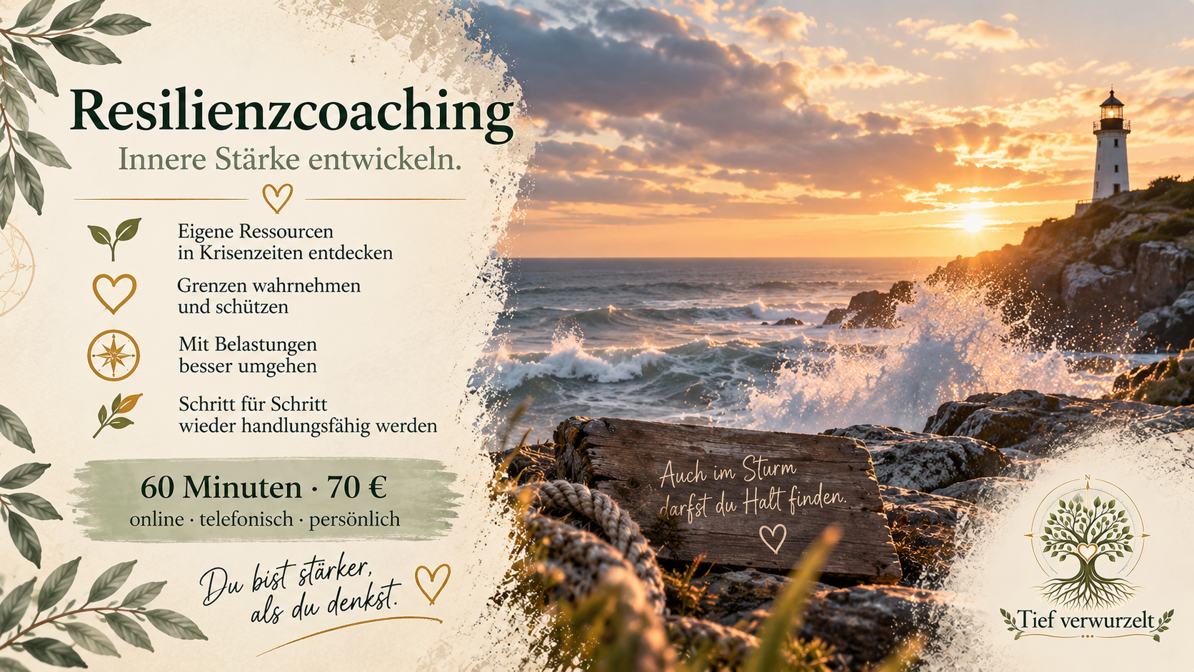 Postkarte zum Resilienzcoaching mit stürmischem Meer und einem Leuchtturm. Die Karte beschreibt Wege zu innerer Stärke, eigenen Ressourcen und gesunden Grenzen.