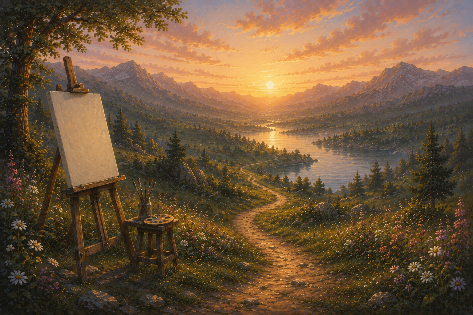 Dritte Herzenslandschaft „Gottes Meisterwerk“ mit einer Staffelei in einer blühenden Landschaft, einem Weg und einem See vor einer weiten Bergkulisse im warmen Abendlicht.