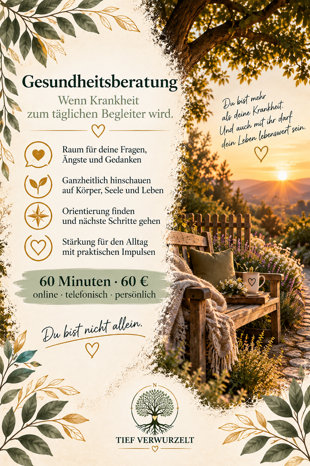 Postkarte zur Gesundheitsberatung mit einer gemütlichen Bank unter einem großen Baum in einem Garten, Decke, Tasse und Büchern. Die Karte beschreibt Begleitung und Orientierung im Leben mit chronischer Krankheit.