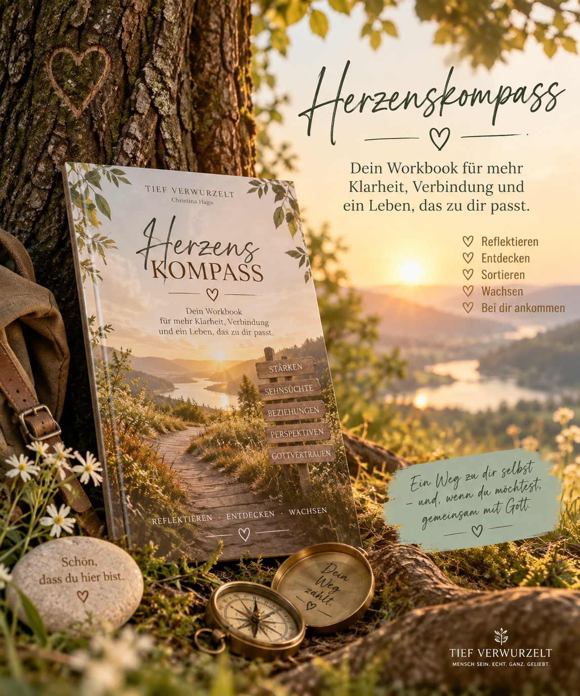 Cover des Herzenskompass von Tief verwurzelt – ein christliches Workbook zur Selbstreflexion, persönlichen Entwicklung und Stärkung der eigenen Identität.