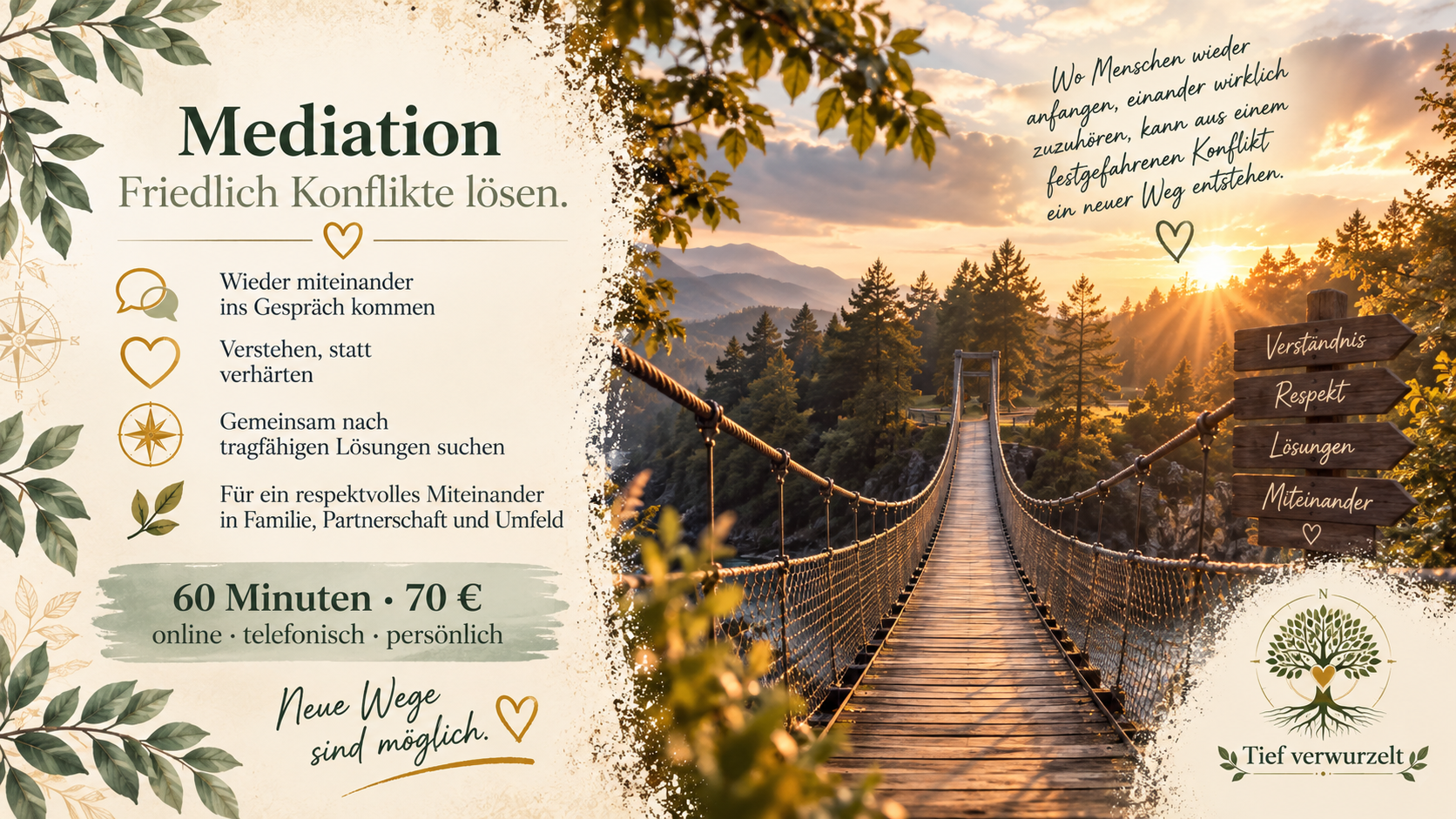Postkarte zur Mediation mit einer Hängebrücke in einer warmen Berg- und Waldlandschaft und einem Wegweiser mit den Worten Verständnis, Respekt, Lösungen und Miteinander.