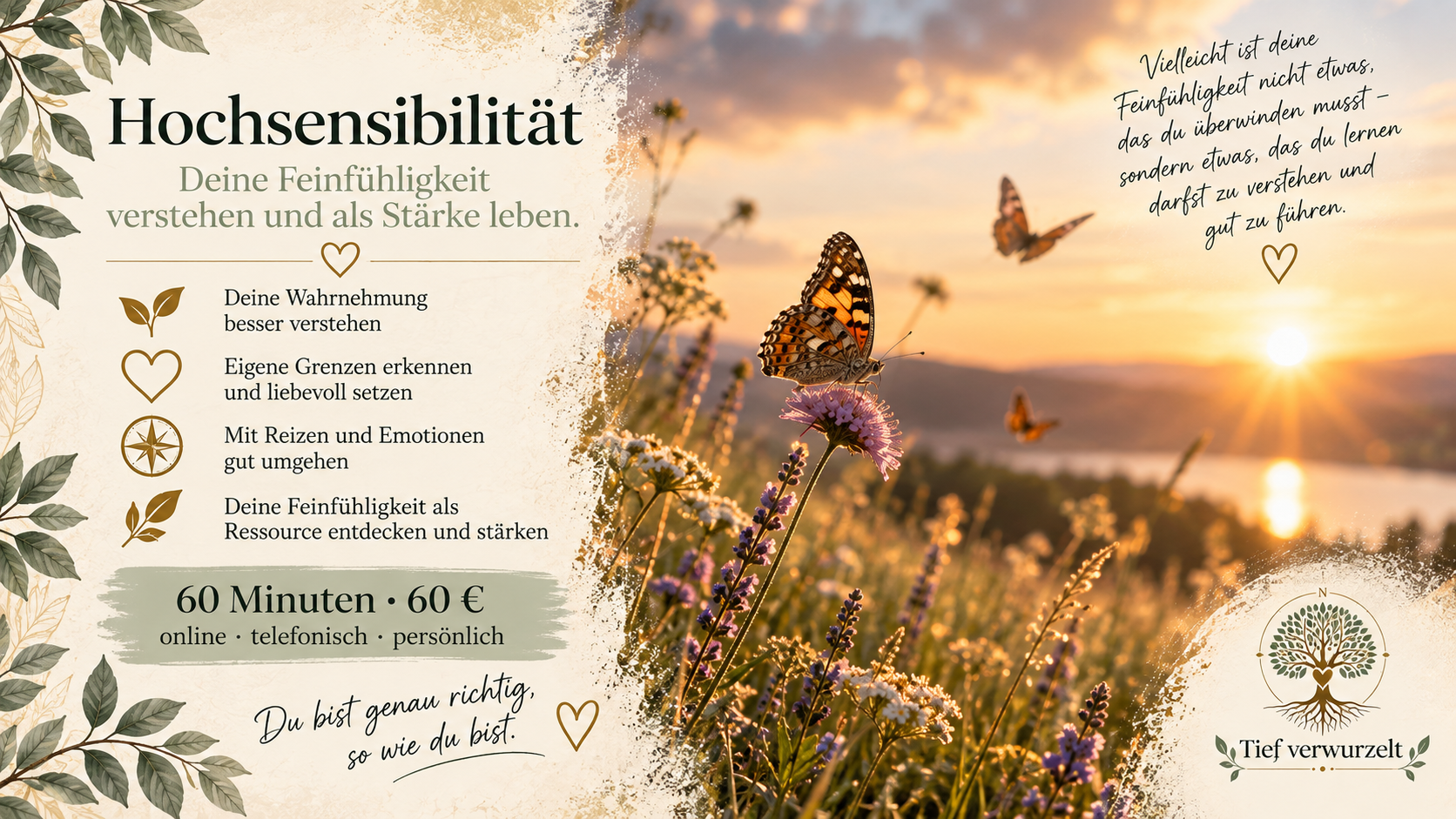 Postkarte zur Hochsensibilität mit Schmetterlingen in einer Wildblumenwiese, See und warmem Sonnenuntergang. Die Karte beschreibt Feinfühligkeit, Grenzen und den Umgang mit intensiver Wahrnehmung.