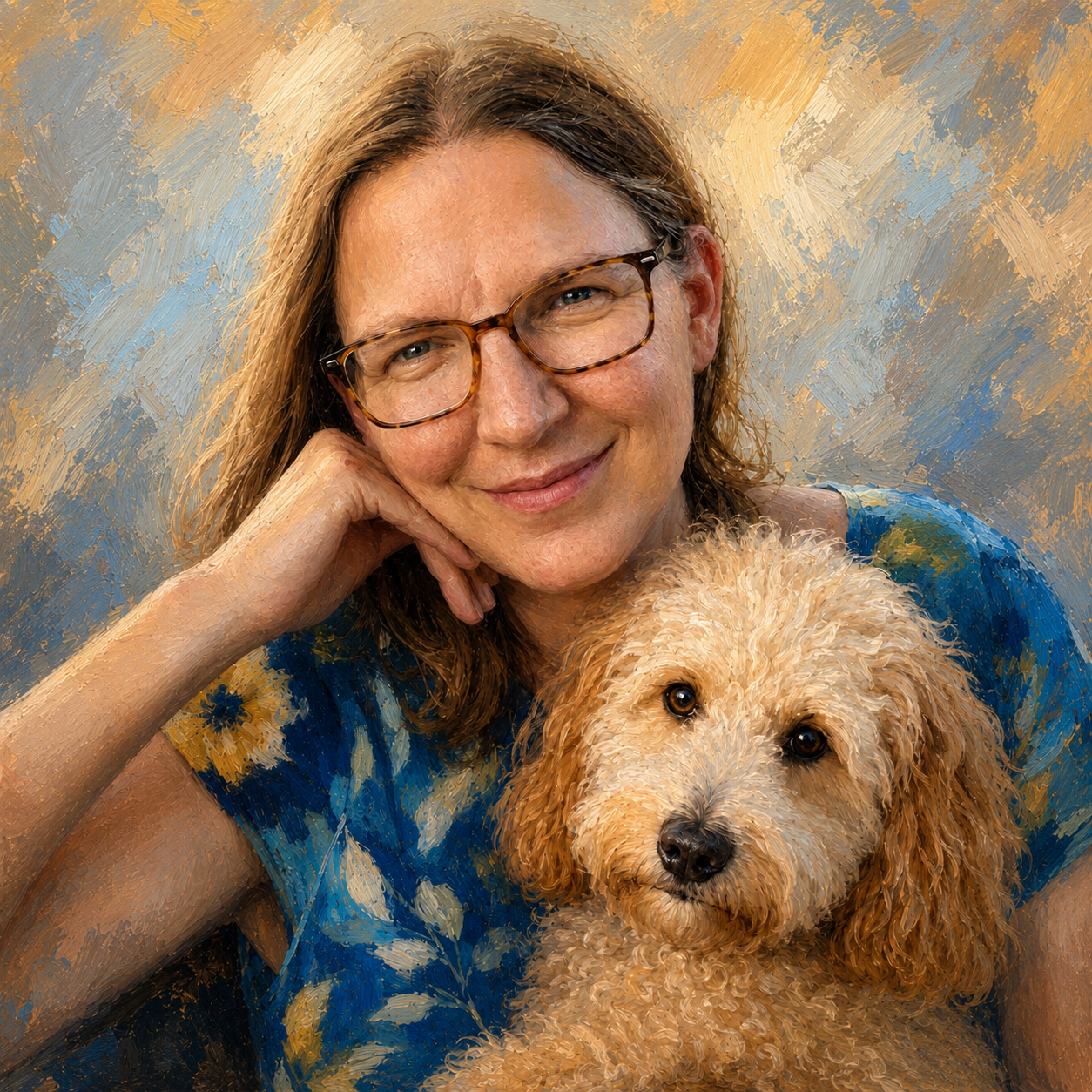 Ein lachender Frau mit Brille sitzt mit ihrem Hund, einem Kleinpudel, vor einem bunten abstrakten Hintergrund.