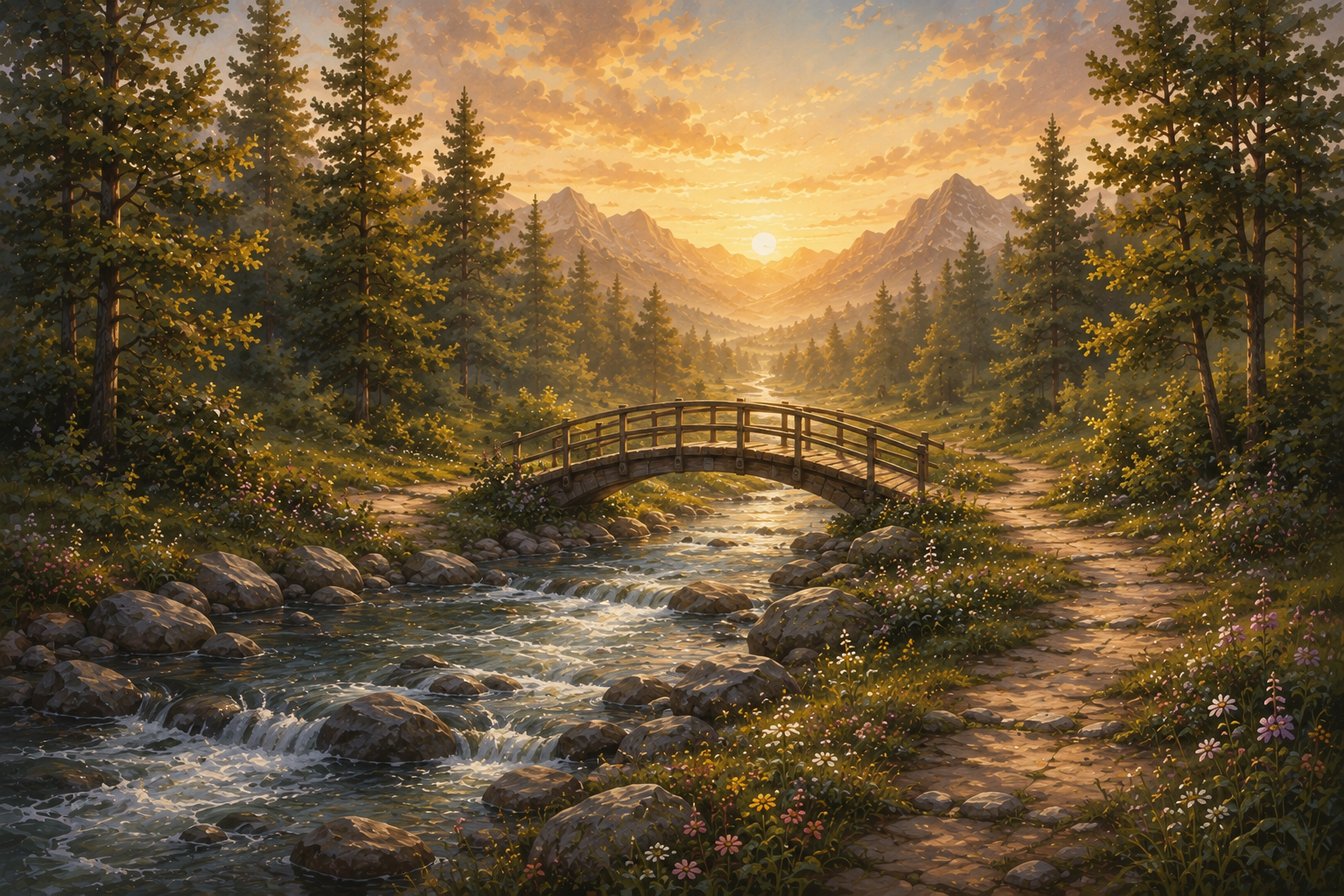 Zweite Herzenslandschaft „Gottesbeziehung“ mit einem Bach, einer kleinen Brücke und einem Weg durch eine bewaldete Berglandschaft im warmen Abendlicht.
