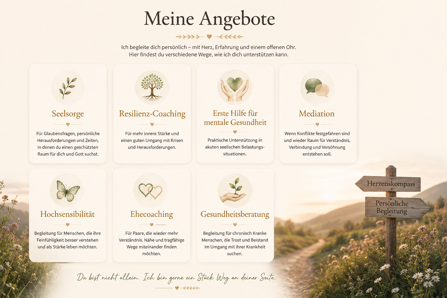 Meine Angebote Übersichtsbild mit Seelsorge, Resilienz Coaching, Erste Hilfe für mentale Gesundheit, Mediation, Hochsensibilität, Ehecoaching und Gesundheitsberatung