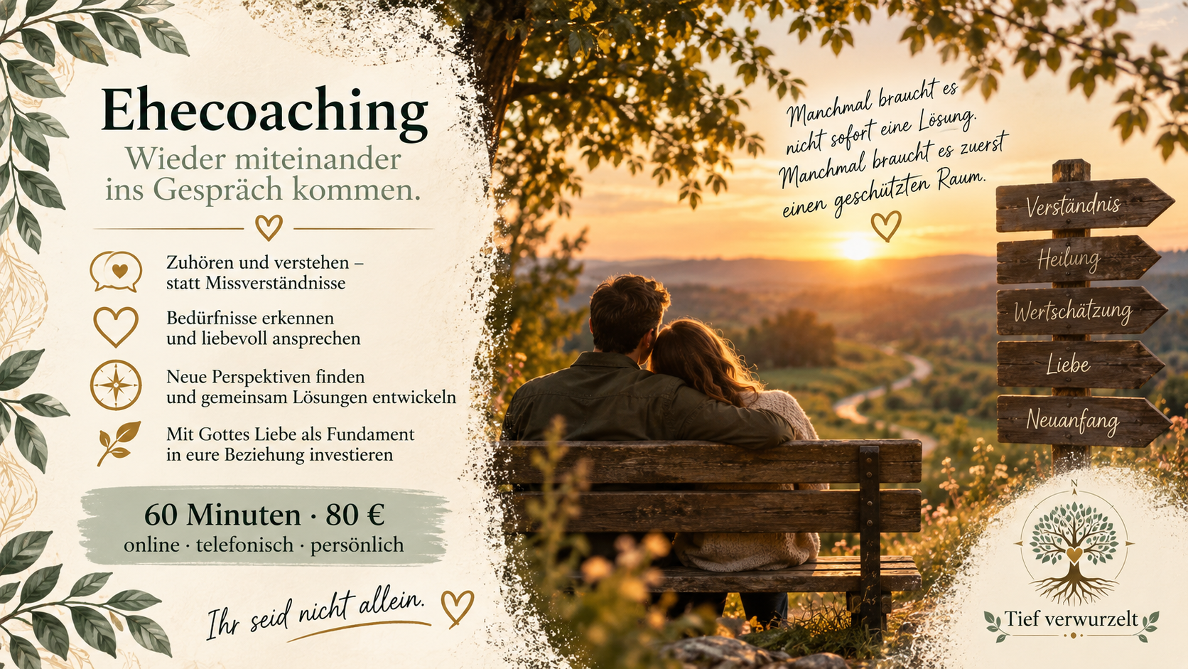 Postkarte zum Ehecoaching mit einem Paar auf einer Bank in einer warmen Landschaft bei Sonnenuntergang und einem Wegweiser mit den Worten Verständnis, Heilung, Wertschätzung, Liebe und Neuanfang.