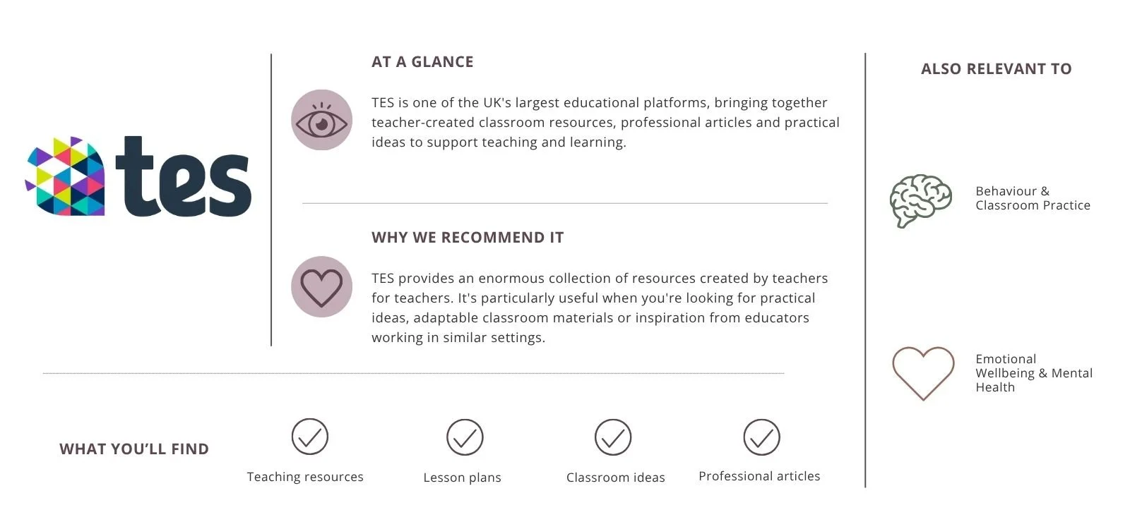 Informational graphic about TES, an educational platform in the UK. It highlights TES's purpose, value, and offerings with icons representing eye, heart, brain, checkmarks, and icons on the right for behaviour and classroom practice, emotional wellbeing, and mental health.