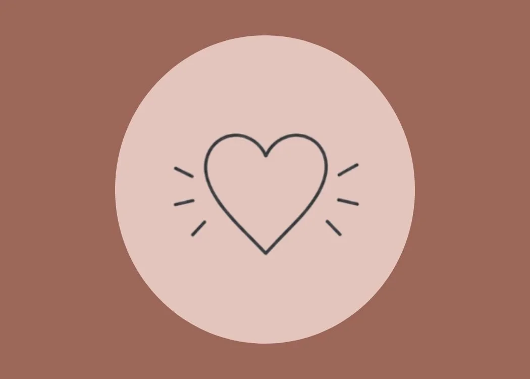 A simple line drawing of a heart with small lines radiating outward, set against a large pink circle with a brown background.
