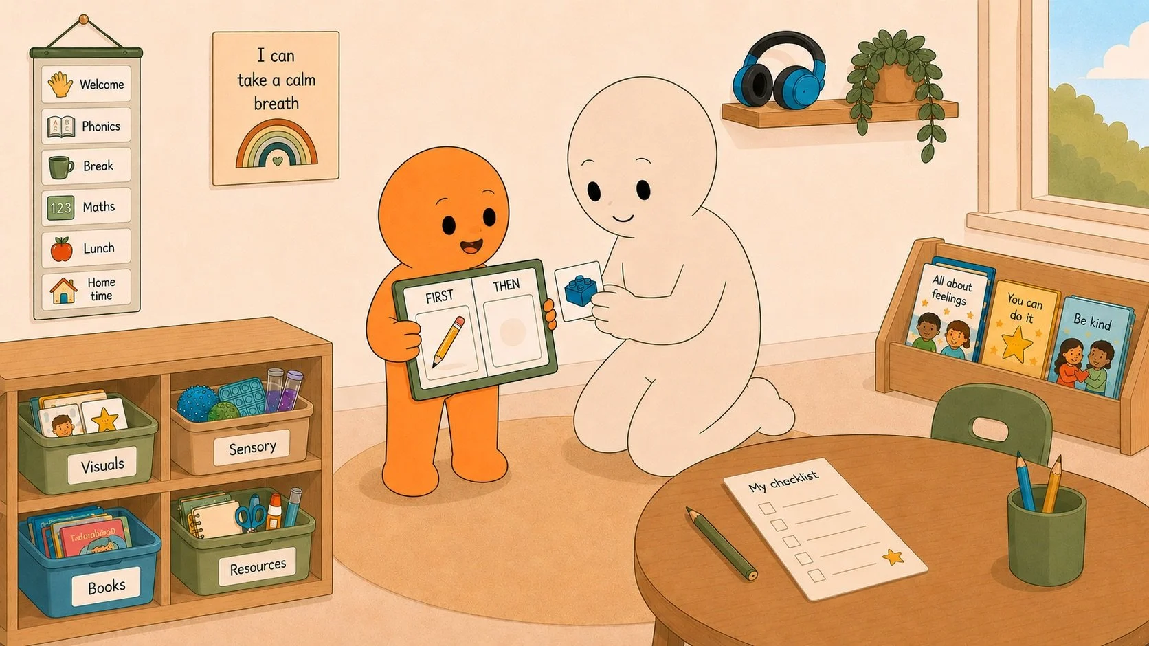 A colorful illustration of a therapy or learning room featuring a kneeling white figure, possibly a therapist, holding a small blue block and kneeling before an orange cartoon character holding a chart titled 'First' and 'Then'. The room contains shelves with labeled bins for visual aids, sensory toys, books, and resources. There are educational posters on the wall, a window showing a sunny sky, a table with a checklist and pencils, a bookshelf with children's books, and a small set of books titled 'All about feelings', 'You can do it', and 'Be kind'.