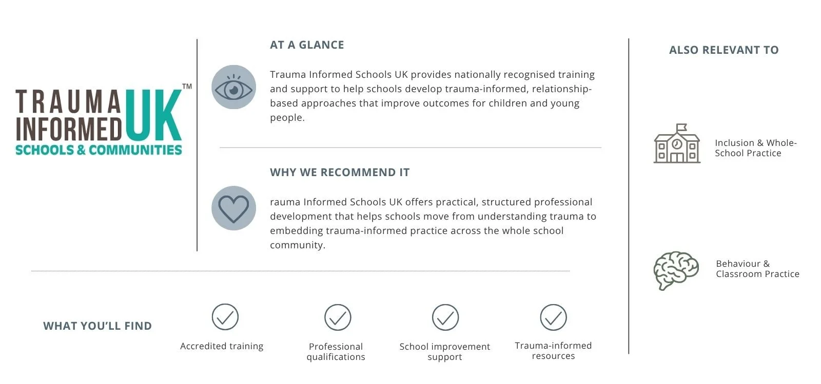 A promotional infographic for Trauma Informed Schools UK, highlighting their services, benefits, and related practices, divided into sections with icons and text blocks.