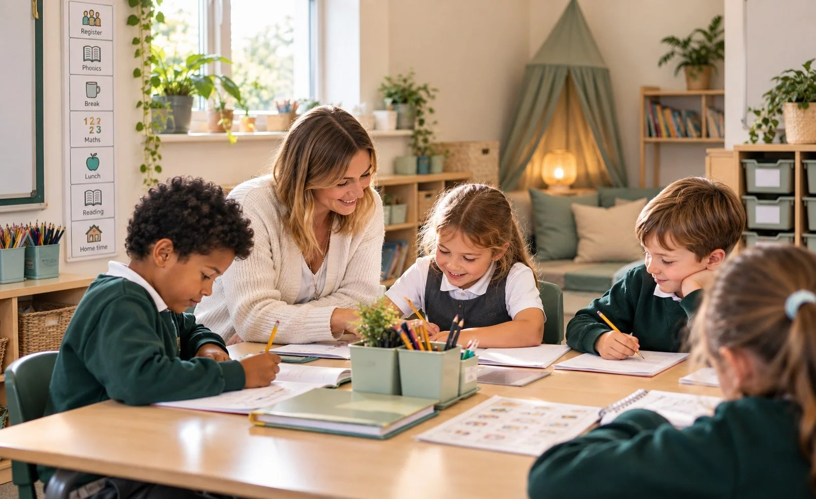 A teacher and five young students sitting around a table in a classroom, working on assignments, with books and supplies on the table and classroom decorations on the walls.