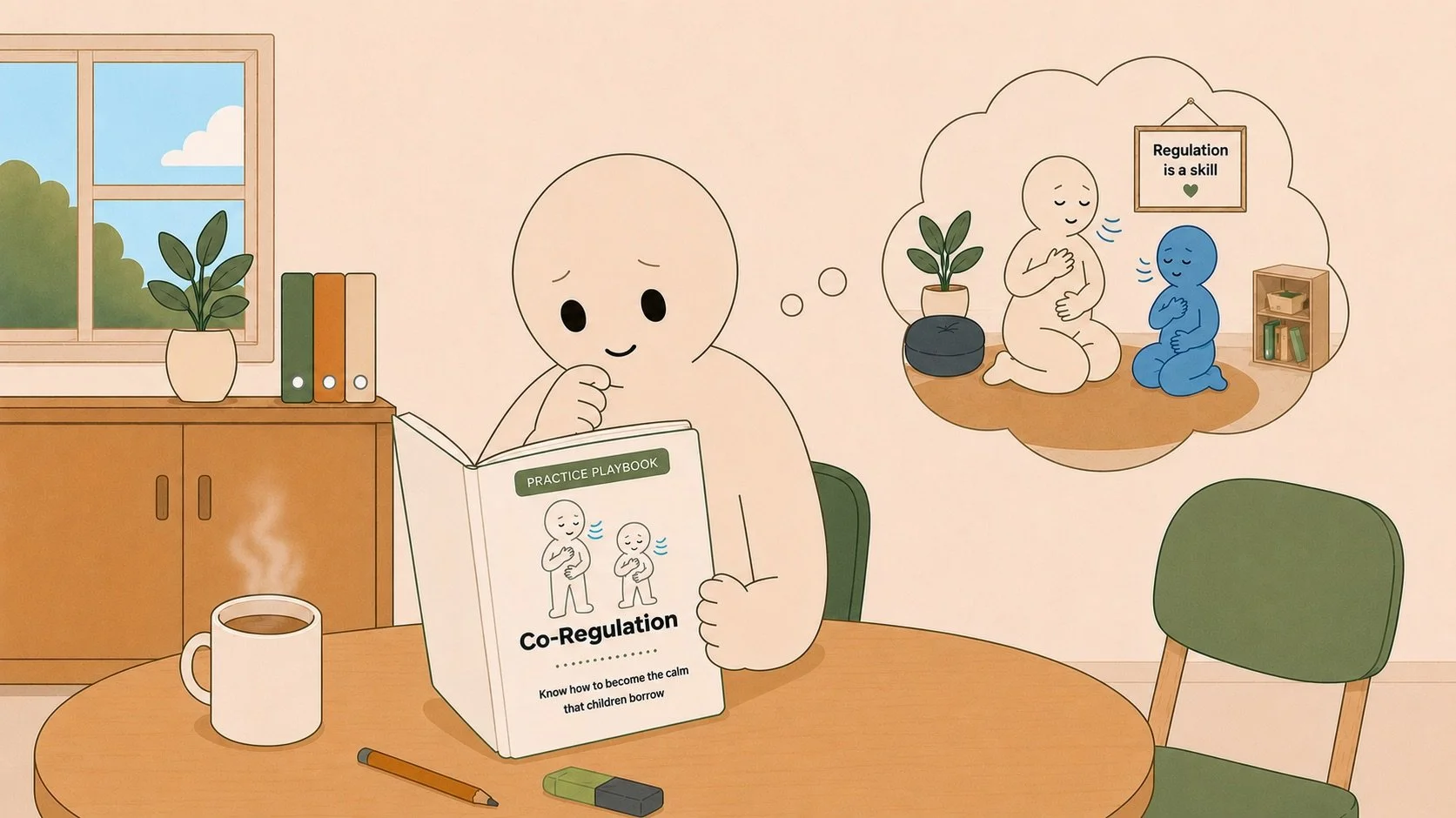 An illustrated person reading a book titled 'Co-Regulation' at a table, with a cup of coffee, a pen, and a marker. A window showing blue sky and clouds is in the background. The book features a cartoon of two children practicing co-regulation. A thought bubble suggests the person is thinking about children practicing self-regulation, with a picture of two children sitting on the floor, one placing a hand on their chest, and a sign that says 'Regulation is a skill'.