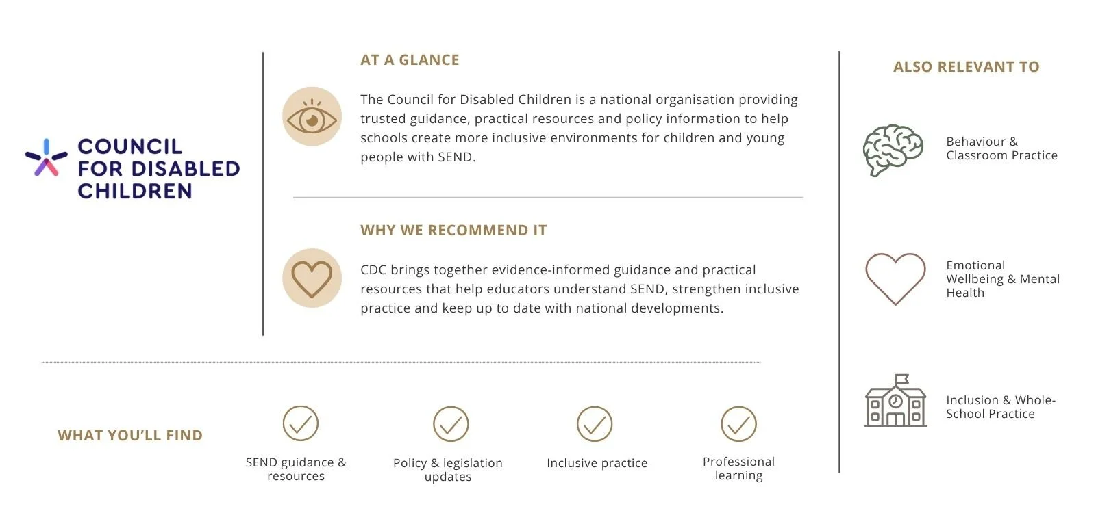 Information brochure for the Council for Disabled Children, including sections on at a glance, why we recommend it, what you'll find, and relevant topics like behavior, emotional wellbeing, and inclusive practice.