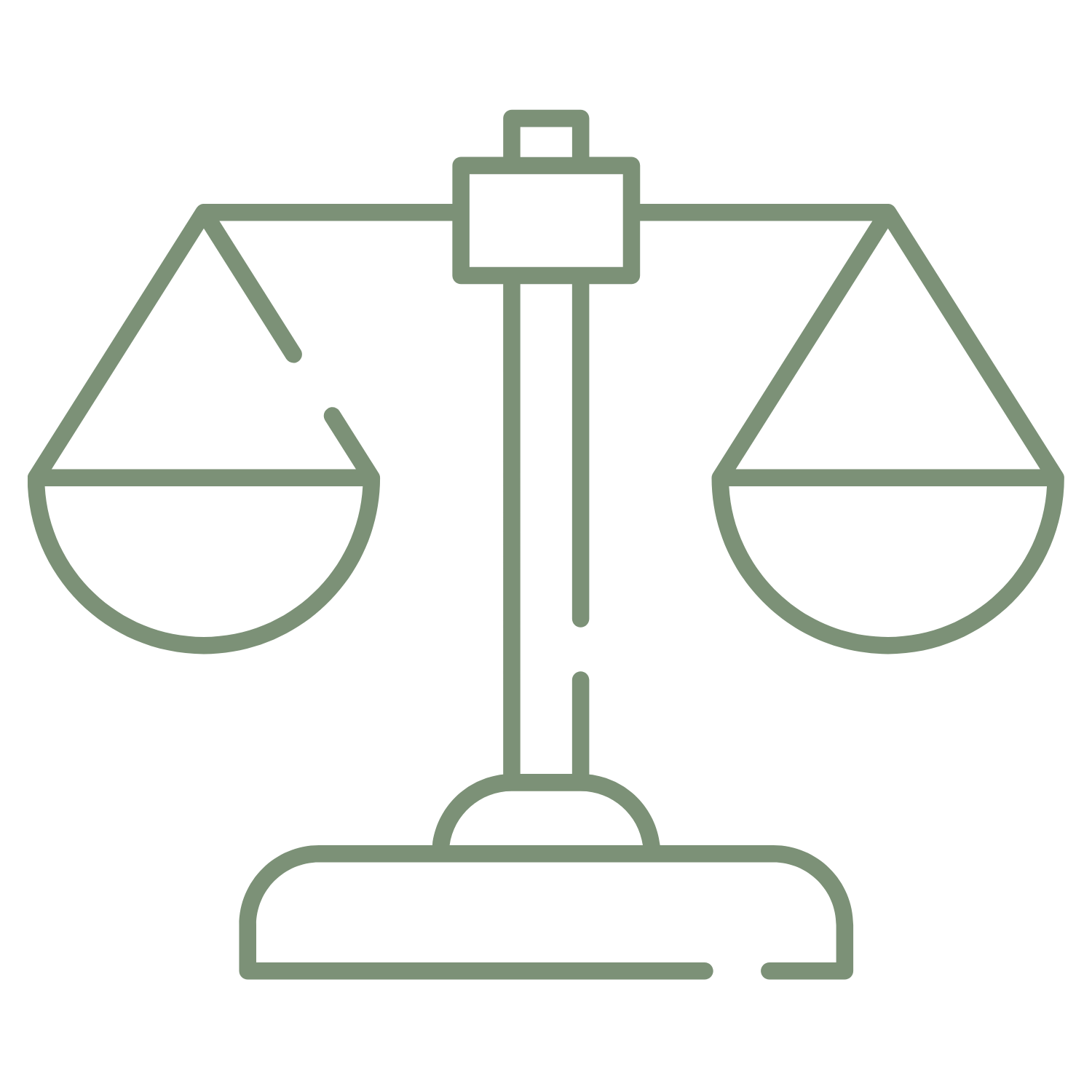 Outline drawing of a balance scale with two pans, symbolizing justice or fairness.