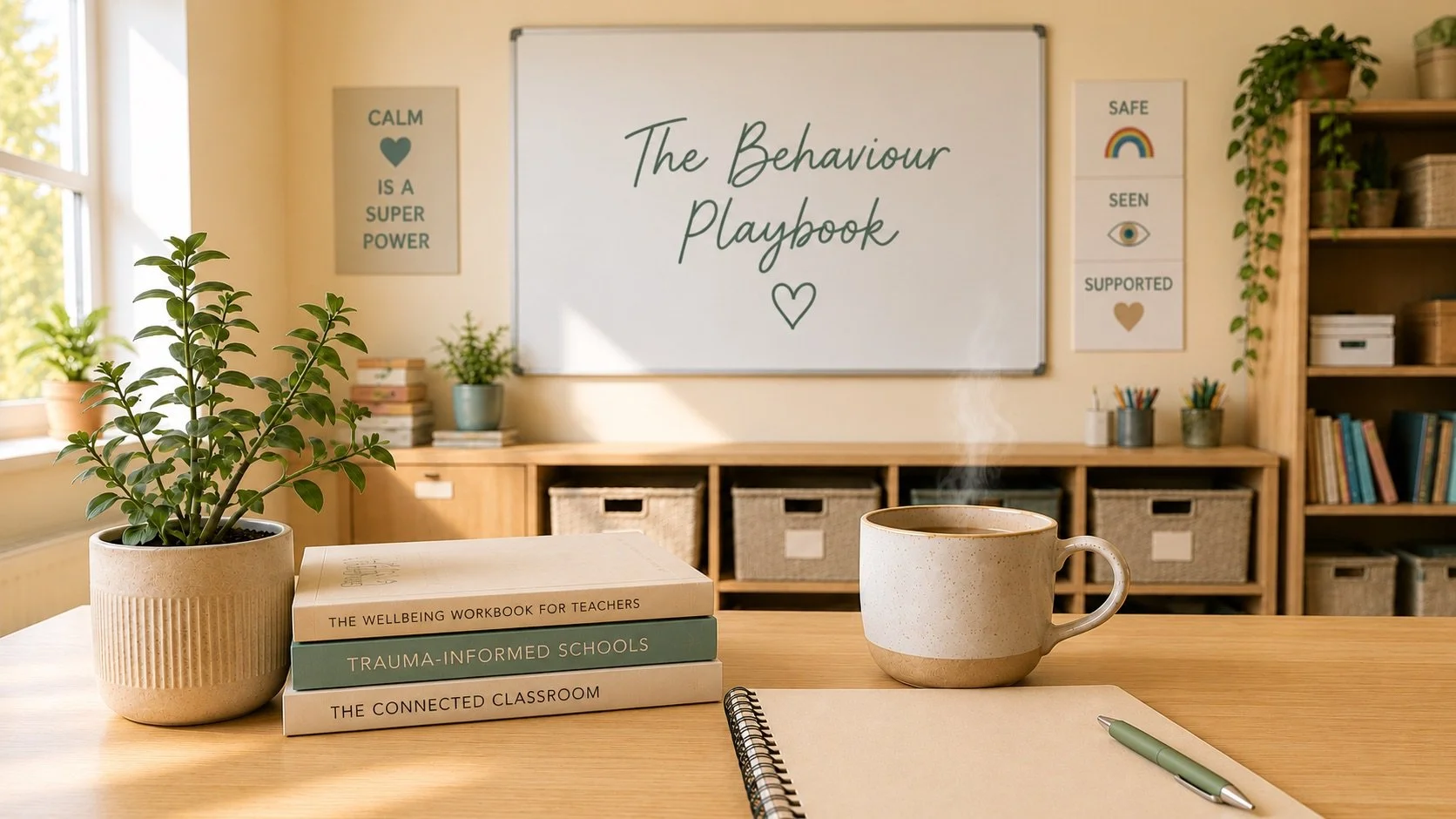 An organized classroom setting with a whiteboard that reads 'The Behaviour Playbook' and heart symbols, a potted plant, a stack of three books on well-being, trauma-informed schools, and connected classroom, a steaming coffee mug, a notebook with a pen, and decorative posters on the wall with positive messages.