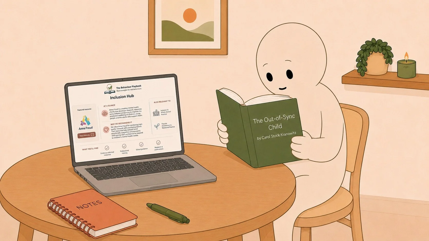 A cartoon character is sitting at a wooden table, reading a green book titled 'The Out-of-Sync Child' by Carol Stock Kranowitz. On the table, there is a laptop displaying a webpage titled 'Inclusion Hub', a closed notebook labeled 'Notes', and a green pen. Behind the character, a wall has a picture of a sun and hills, and a shelf with a plant and a lit candle.