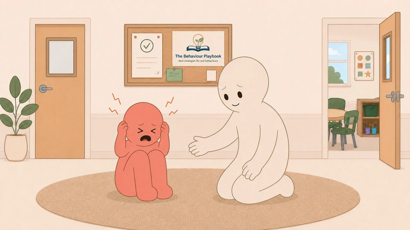 An illustration of a sad child crying with pain and a comforting person kneeling in front of them in a classroom setting, with a bulletin board and classroom door in the background.