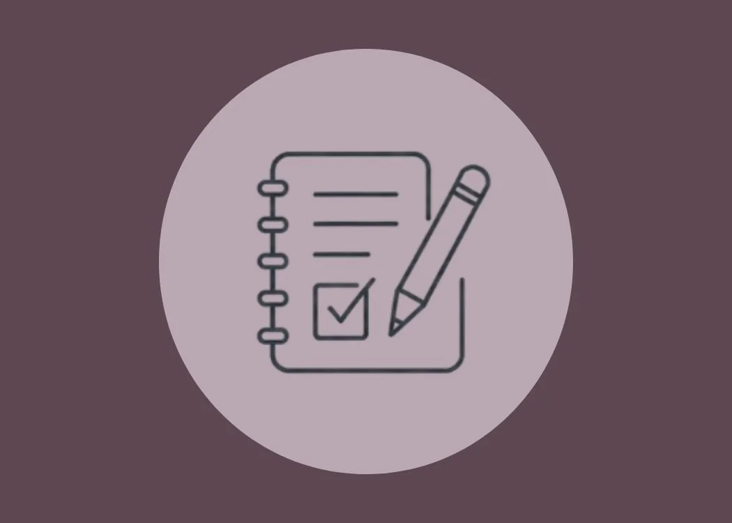Icon of a notepad with lines, a checkmark, and a pen.