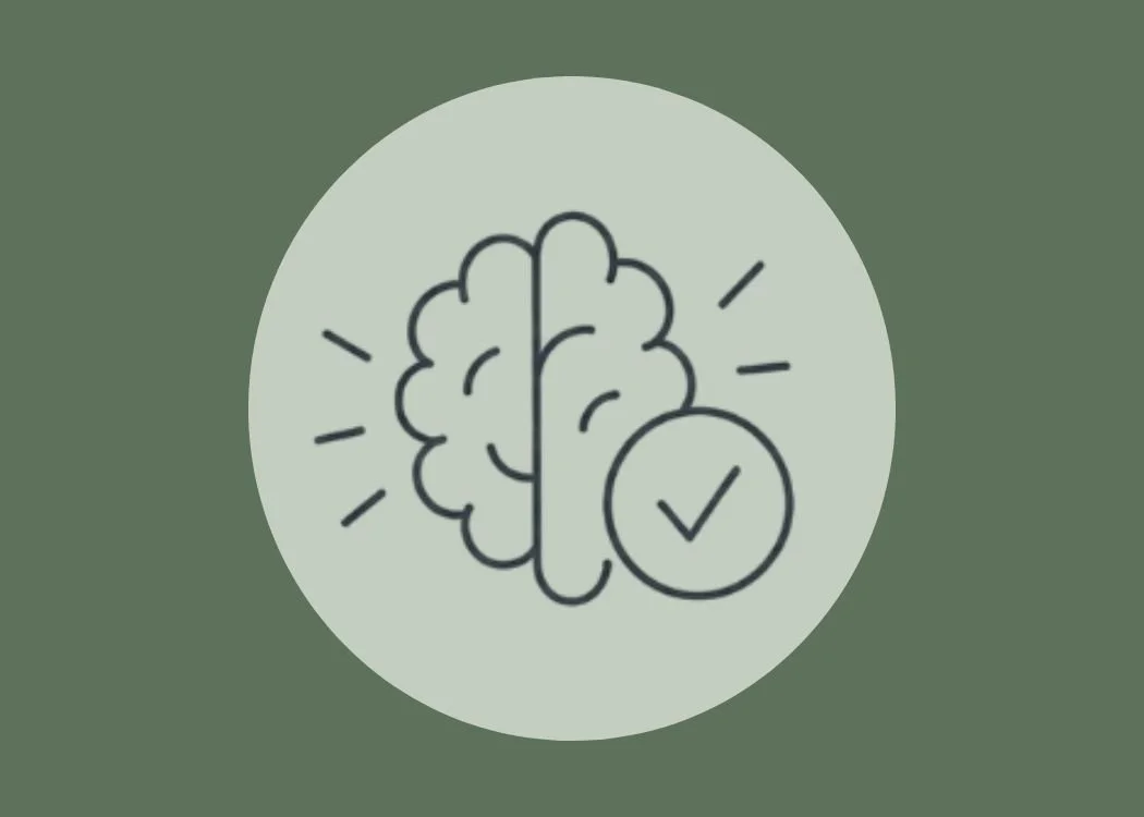 Line drawing of a brain with a check mark, symbolizing mental health or cognitive approval.