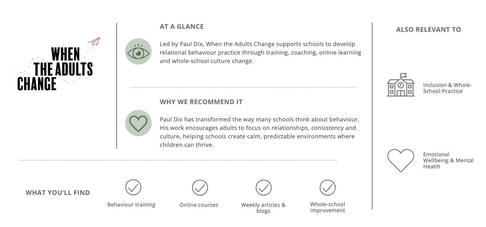 An infographic titled "When the Adults Change" explaining Paul Dix's approach to improving school behavior through training, coaching, online learning, and whole-school culture change, with icons and text about its benefits and related practices.