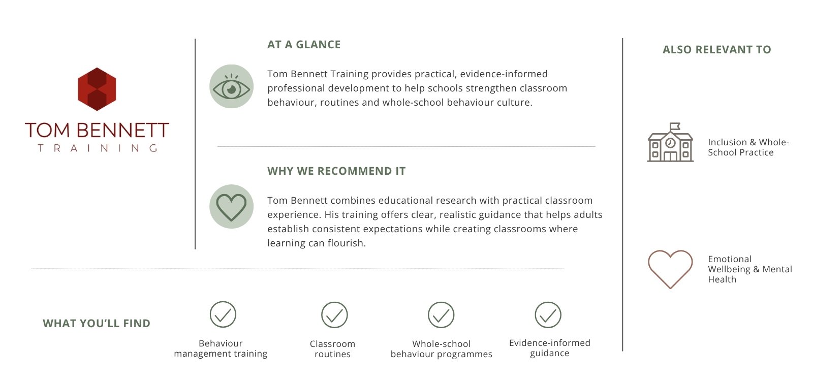 A professional infographic for Tom Bennett Training featuring the company's logo on the left and four sections detailing the service overview, reasons for recommendation, what is included, and related topics. The sections include icons such as an eye, a heart, a school building, and a checklist.