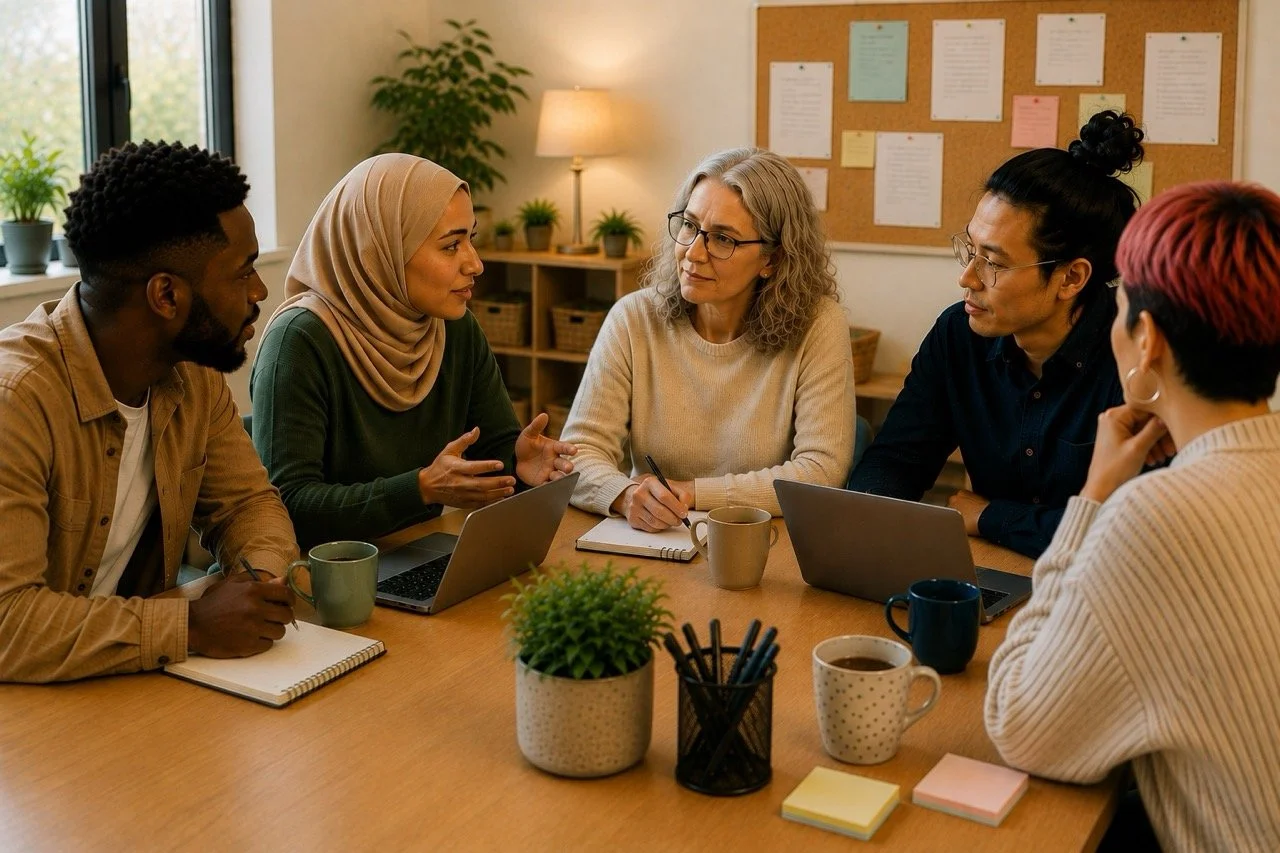 Group of five diverse women having a discussion at a wooden table in an office, with notebooks, laptops, pens, and mugs in a bright, cozy setting with a bulletin board and plants in the background.