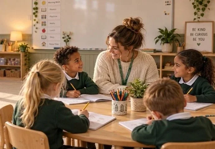 A teacher sitting at a round table with four young students in a classroom, engaging in a cheerful discussion. The classroom has educational posters, a whiteboard, and potted plants.
