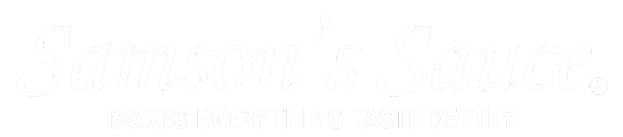 Logo for Samson's Sauce with the tagline, 'Makes everything taste better' on a black background.