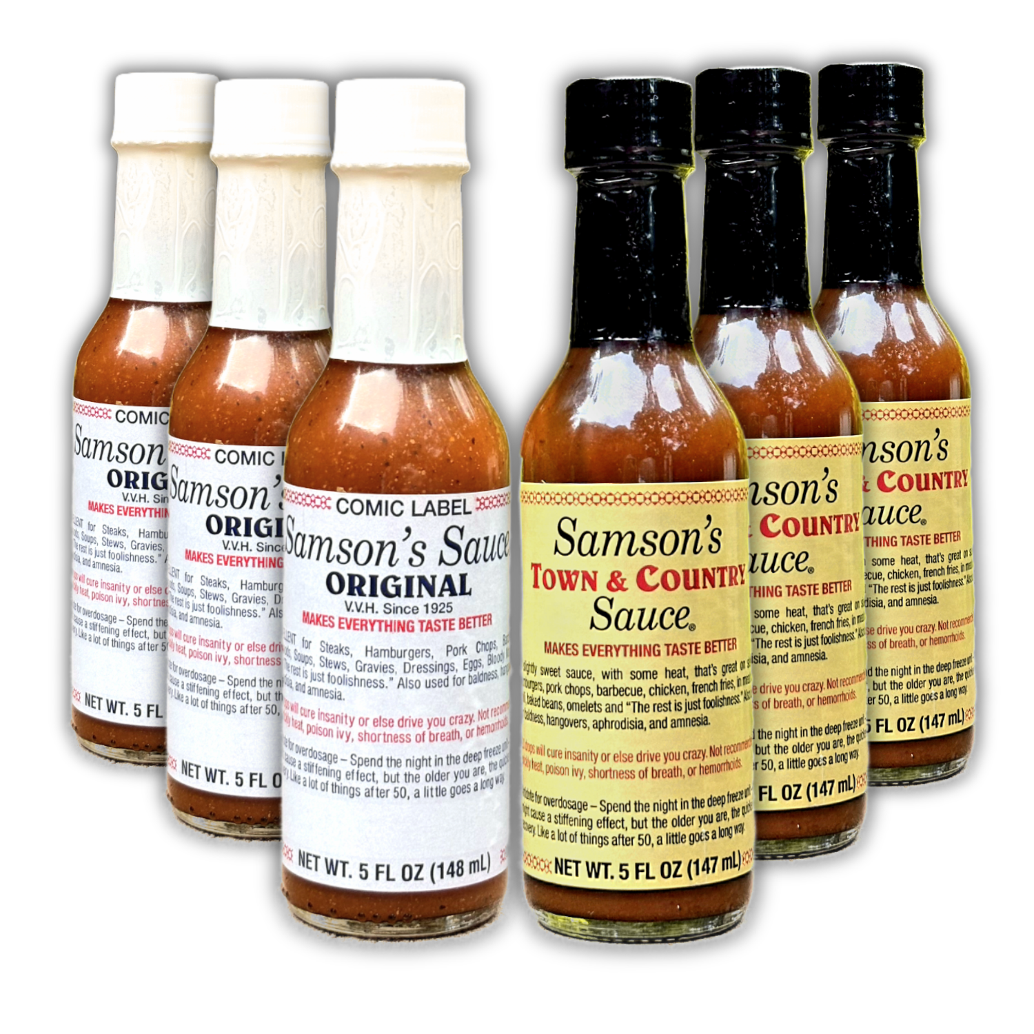 Samson's Sauce variety 6-pack with 3 Original and 3 Town & Country bottles