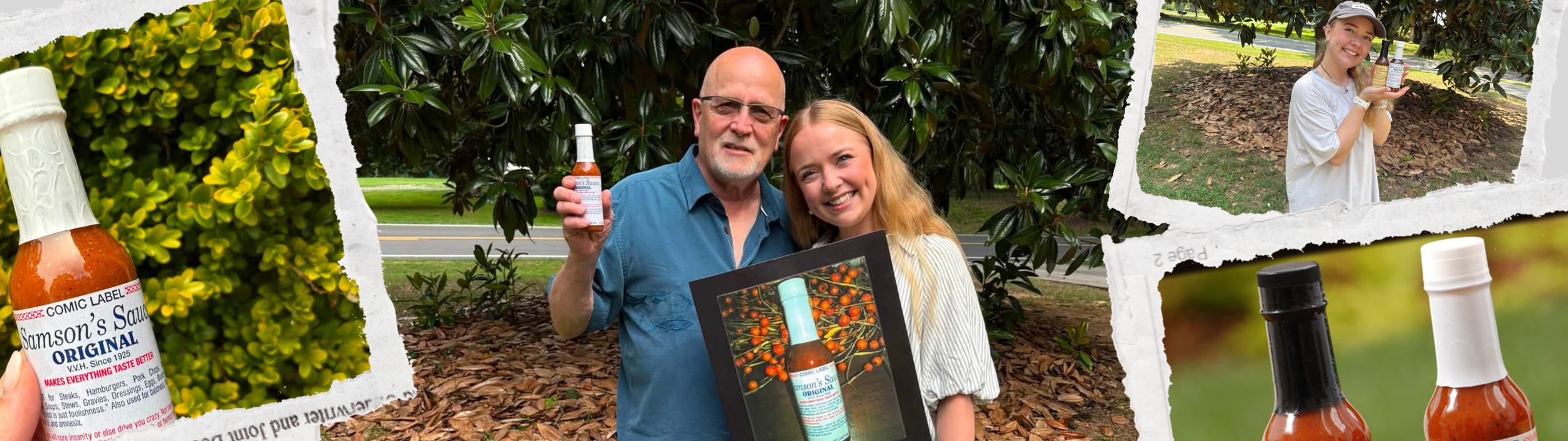 A man and a woman are holding a bottle of hot sauce with a framed picture of the same hot sauce in a cherry orchard. A girl in a white shirt and cap holds a bottle of hot sauce outdoors, and two bottles of hot sauce are close-up in the foreground.