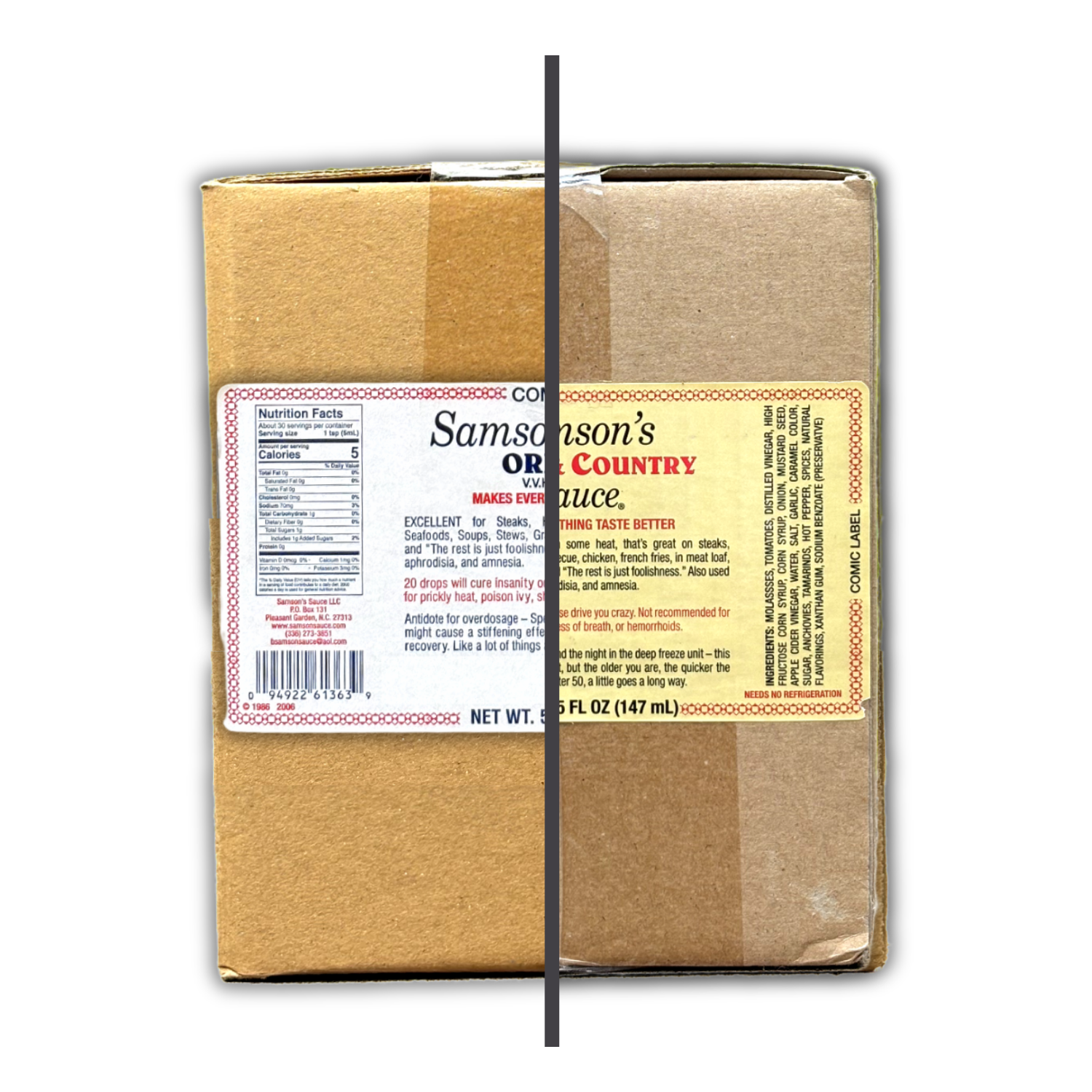 Split image of Samson's Sauce Original and Town & Country case boxes
